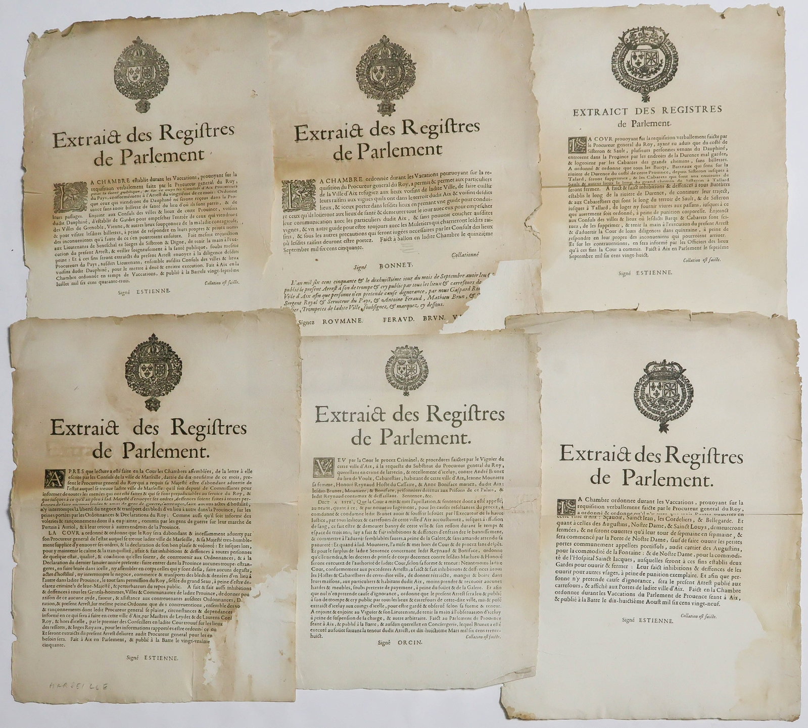 19TH CENTURY FRENCH PARLIAMENTARY BROADSIDES (6): Six printed ‘Register Extracts from Parliament’ in French, each 1p. folio and dating from 1828-1850 from Aix and Marseille. Announcements are made to the public regarding subjects such as