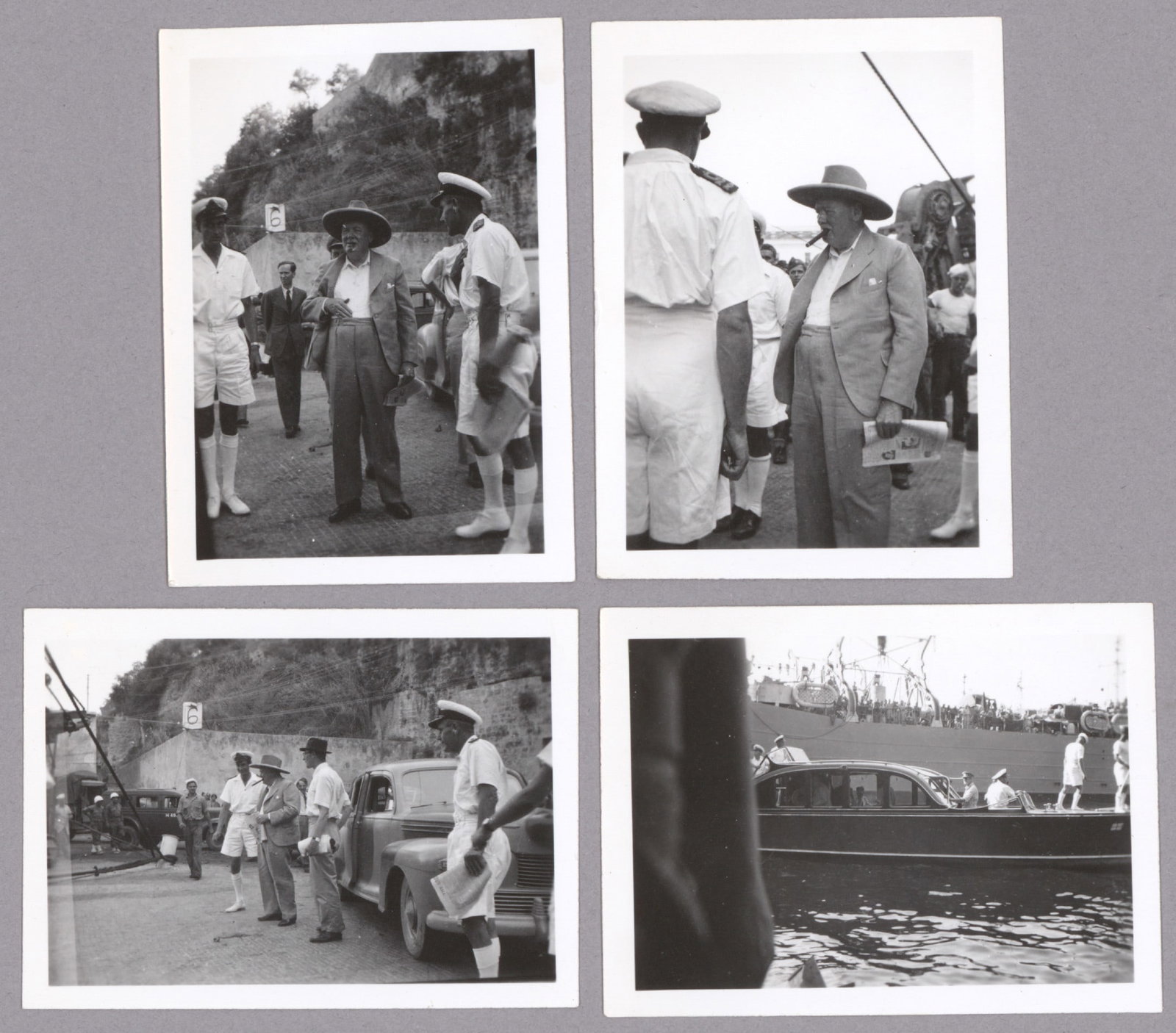 WINSTON CHURCHILL CANDID PHOTOGRAPHS FROM THE FRONT (4): Good lot of four original 'Type 1' candid photographs of Winston Churchill, each 2.5 x 3.5 in. b/w, showing him at a post facility of Aug. 27, 1944. Three of the photos show Churchill standing with