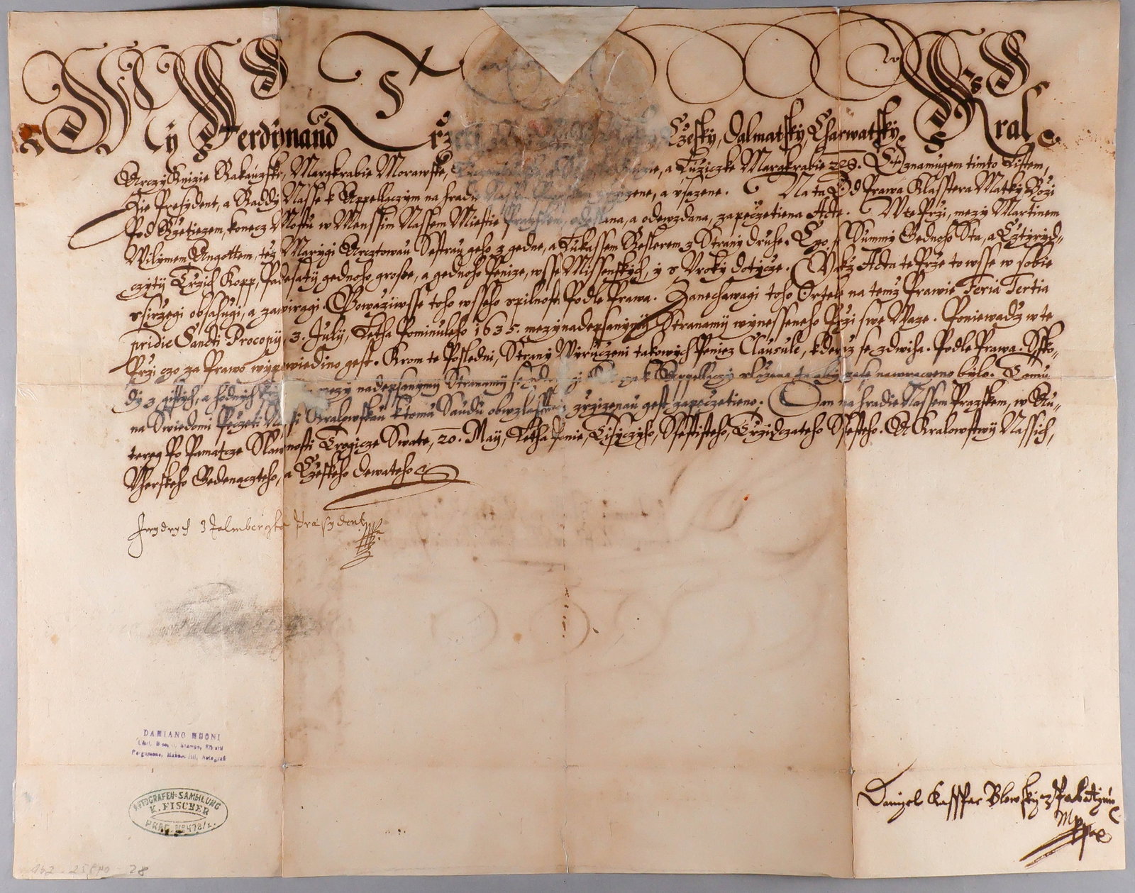 DOCUMENT FROM THE REIGN OF FERDINAND II: Manuscript D.S. 2pp. oblong folio, June 9, 1626, an imperial document in Latin confirming the rights (and possible nobility) to one ‘Georg’. Penned in a bold calligraphic hand and signed a