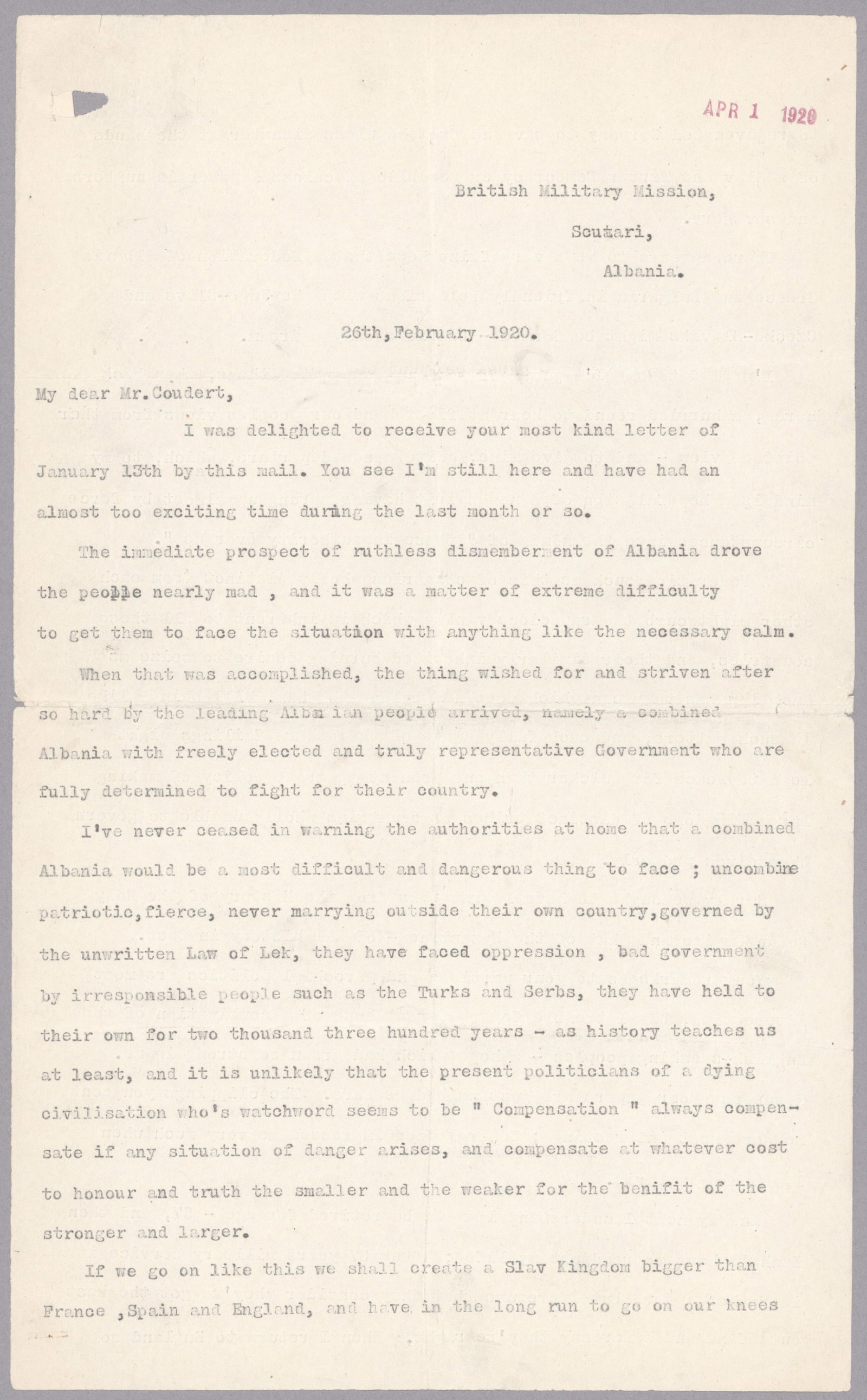 ALBANIAN INDEPENDENCE IS ATTACKED BY THE HEAD OF THE BRITISH MISSION, APRIL 1, 1920: GEORGE FRASER PHILLIPS (1863-1921) British general, best known for heading the British Military Mission to Albania in 1918. At the conclusion of World War I, he arrived in Shkodra (Scutari) in