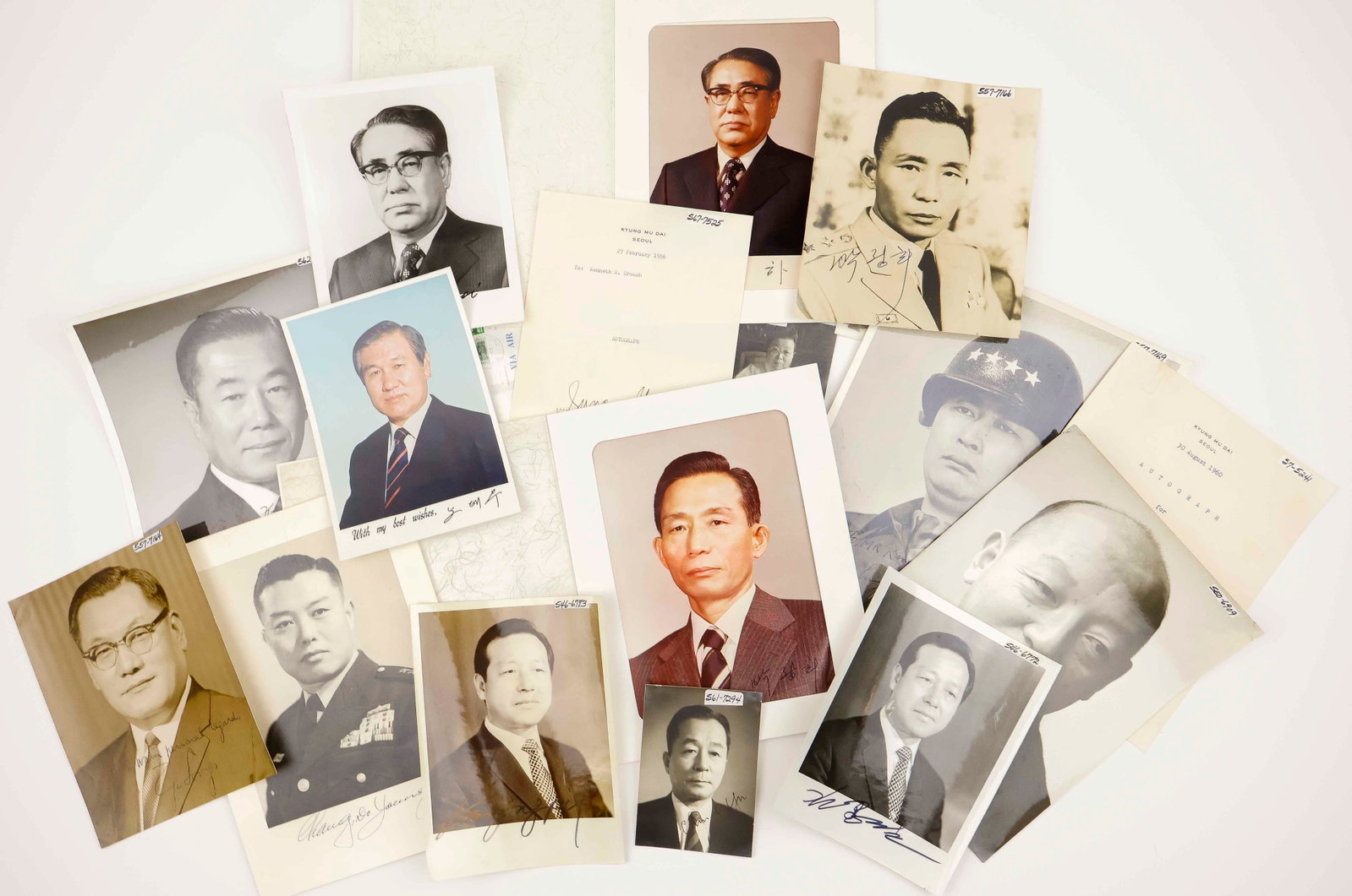 KOREAN LEADERS: A collection of images and signatures of twentieth-century Korean government and military leaders, includes S.P.s of: ROT TAE WOO (2), CHING HEE PARK (2), JO CHAN SONG, CHOI KYU-HAH (2), JONG PIL KIM