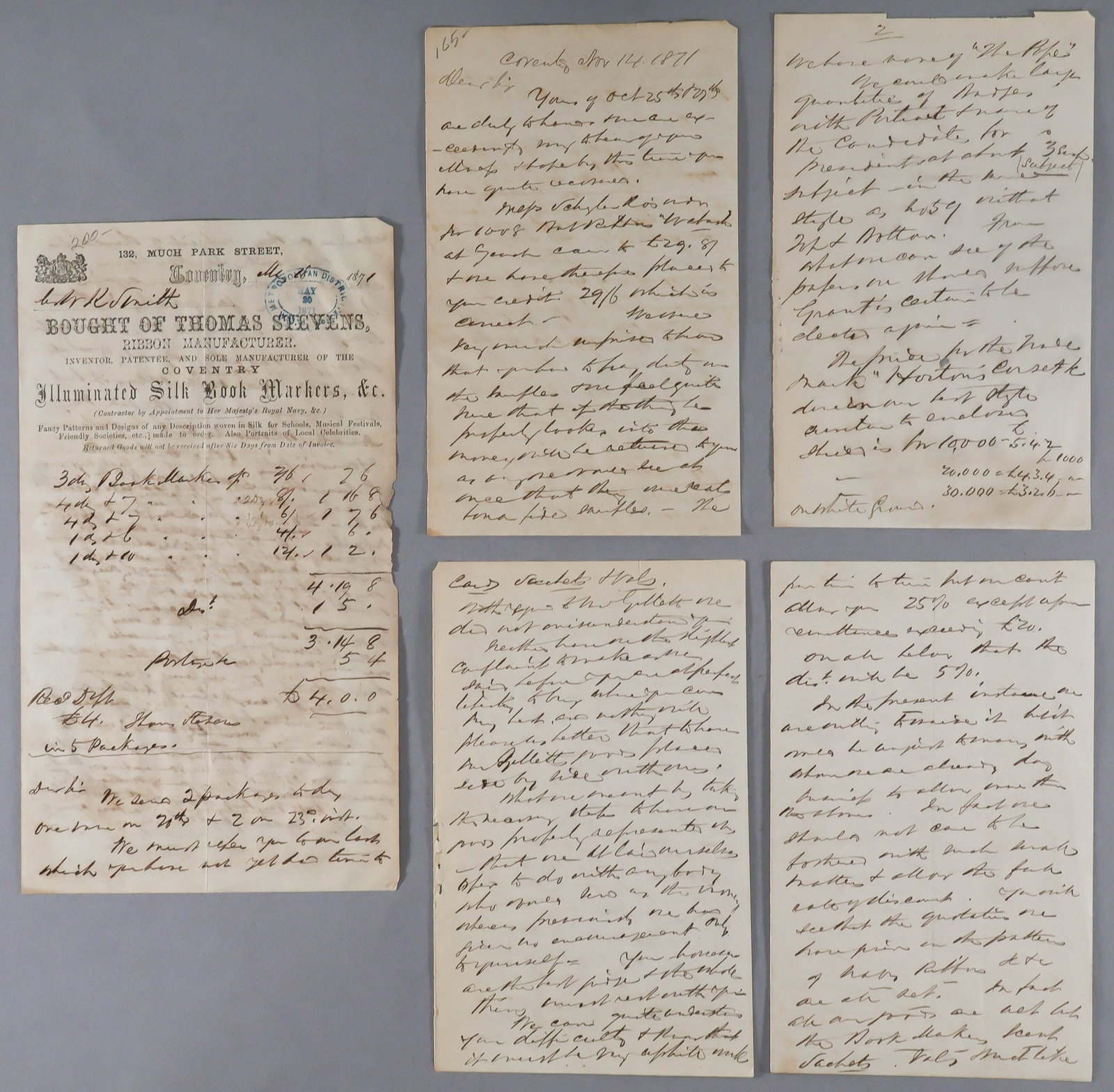 (STEVENGRAPHS) THOMAS STEVENS (3): THOMAS STEVENS (1828–1888) British 19th-century weaver in Coventry, famous for his innovation of the stevengraph, a woven silk picture. Rare collection of three A.L.S.s, 12pp. total, 8vo.,
