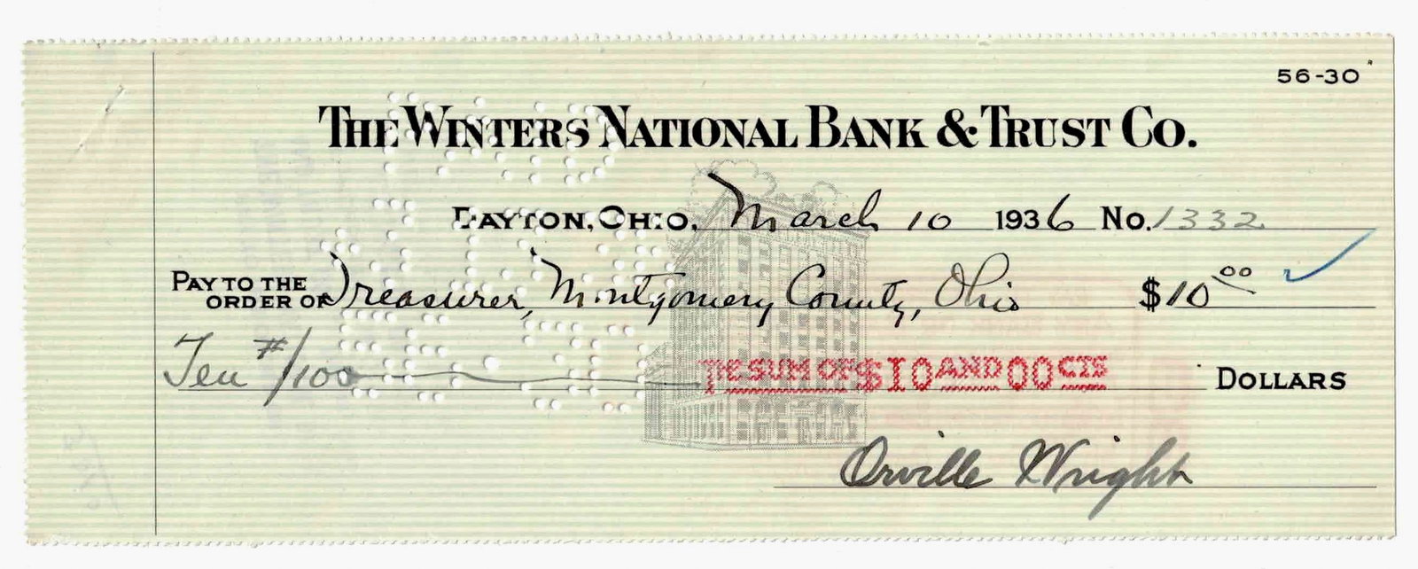 ORVILLE WRIGHT: (1871-1948) American inventor and a pioneer of flight, Wright, with his brother Wilbur, made the first successful flight of a motor-driven airplane. Partly-printed D.S., 1p. 8.5 x 3.25 in., Dayton,