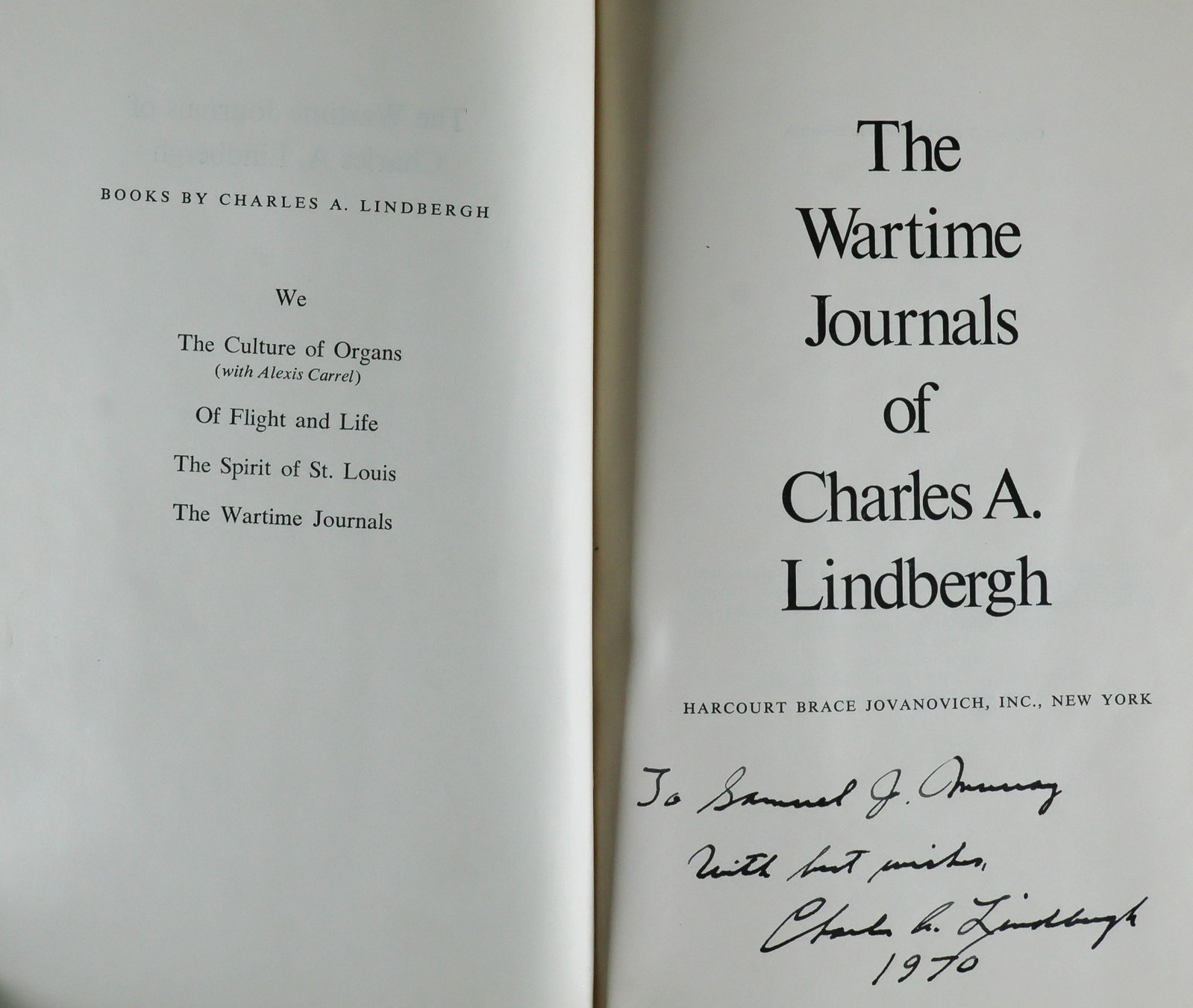 CHARLES A. LINDBERGH: (1902 - 1974) American aviator who, in his 'Spirit of St. Louis', was the first to fly solo non-stop across the Atlantic Ocean. His signed book 'The Wartime Journals of Charles A. Lindbergh' (New