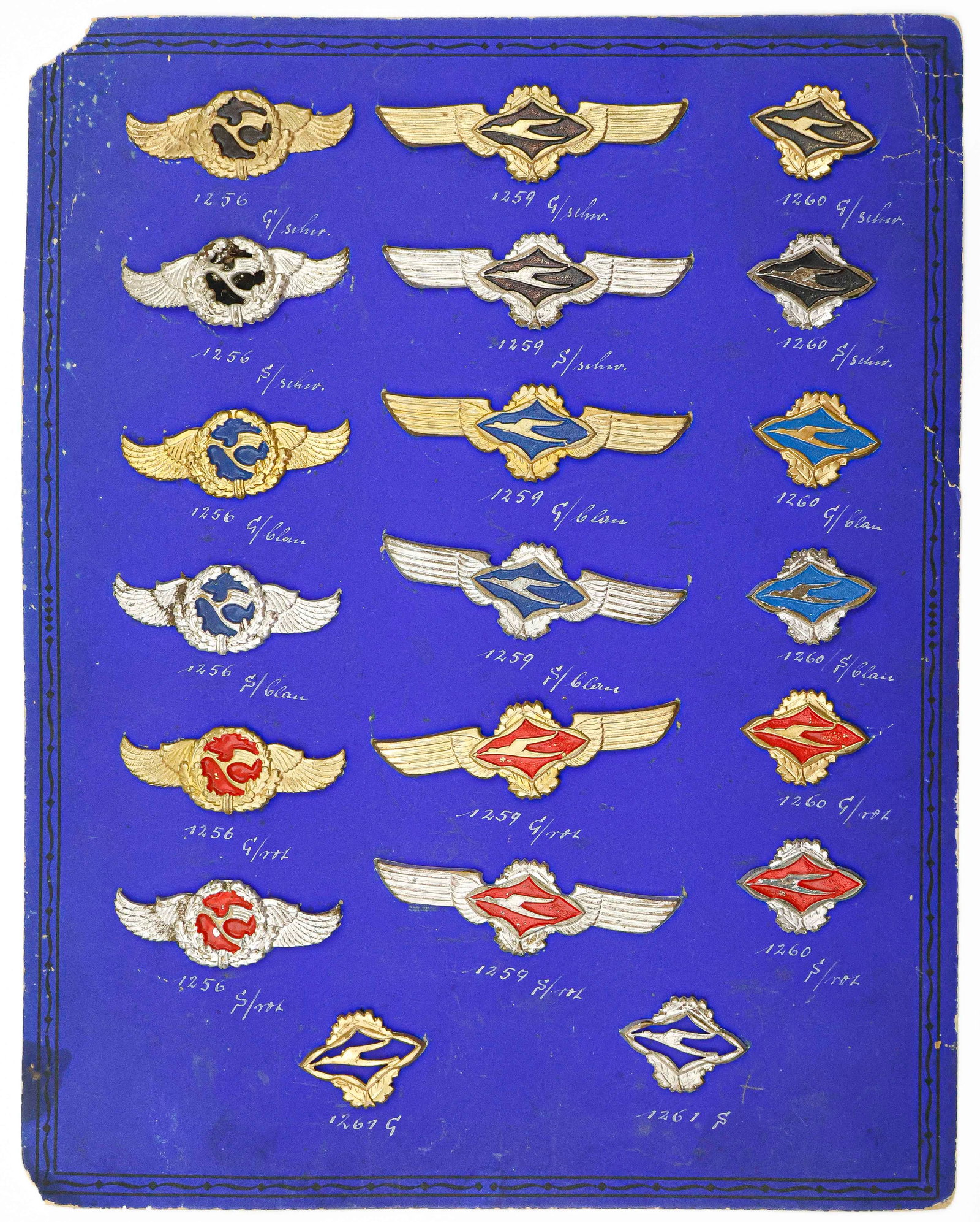 EARLY LUFTHANSA AND RELATED PINS (28): Great ca. 1920s collection of 28 original Lufthansa metal pins on two salesman's original cards with period notations, most in excellent condition. Undoubtedly rare.