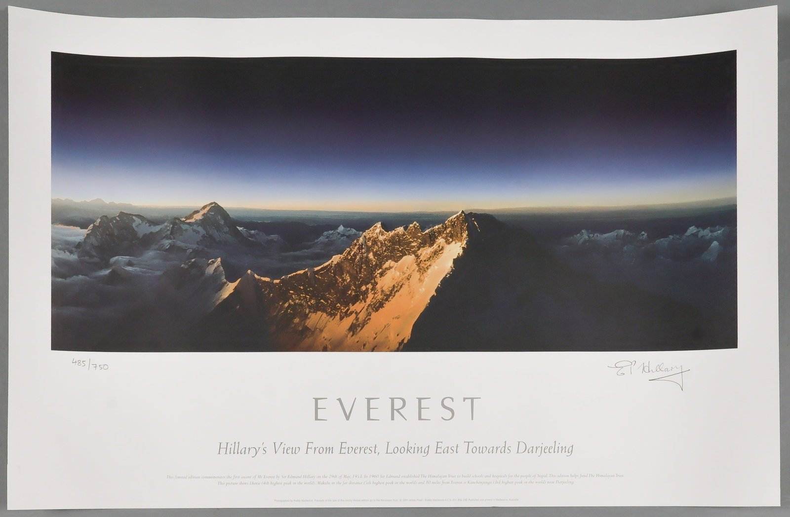 EDMUND HILLARY: (1919-2008) New Zealand mountain climber, with Tensing Norgay, he was the first to reach the summit of Mt. Everest. Wonderful signed photographic poster, 28 x 18 in. color, titled 'EVEREST Hillary's