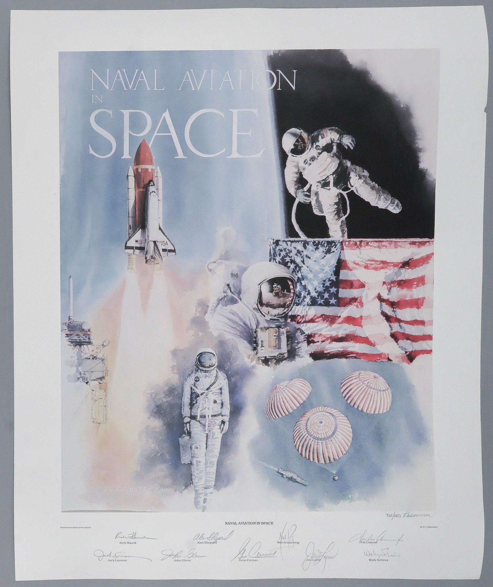 'NAVAL AVIATION IN SPACE' - SIGNED BY NINE ASTRONAUTS: Scarce and most desirable multi-signed limited edition color poster print ‘Naval Aviation in Space,’ 20.75 x 28 in., numbered 928/1000, signed in pencil in the lower border by nine U.S.