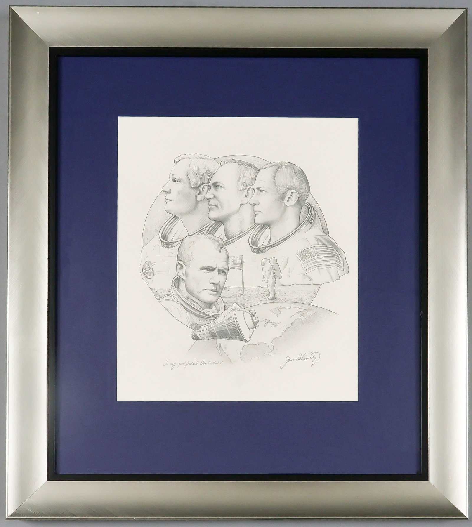 (APOLLO 11): A fine pencil signed portrait of notable astronauts of the Apollo Mission – Neil Armstrong, Buzz Aldrin, Michael Collins, as well as John Glenn, the first to orbit the earth and oldest man in sp