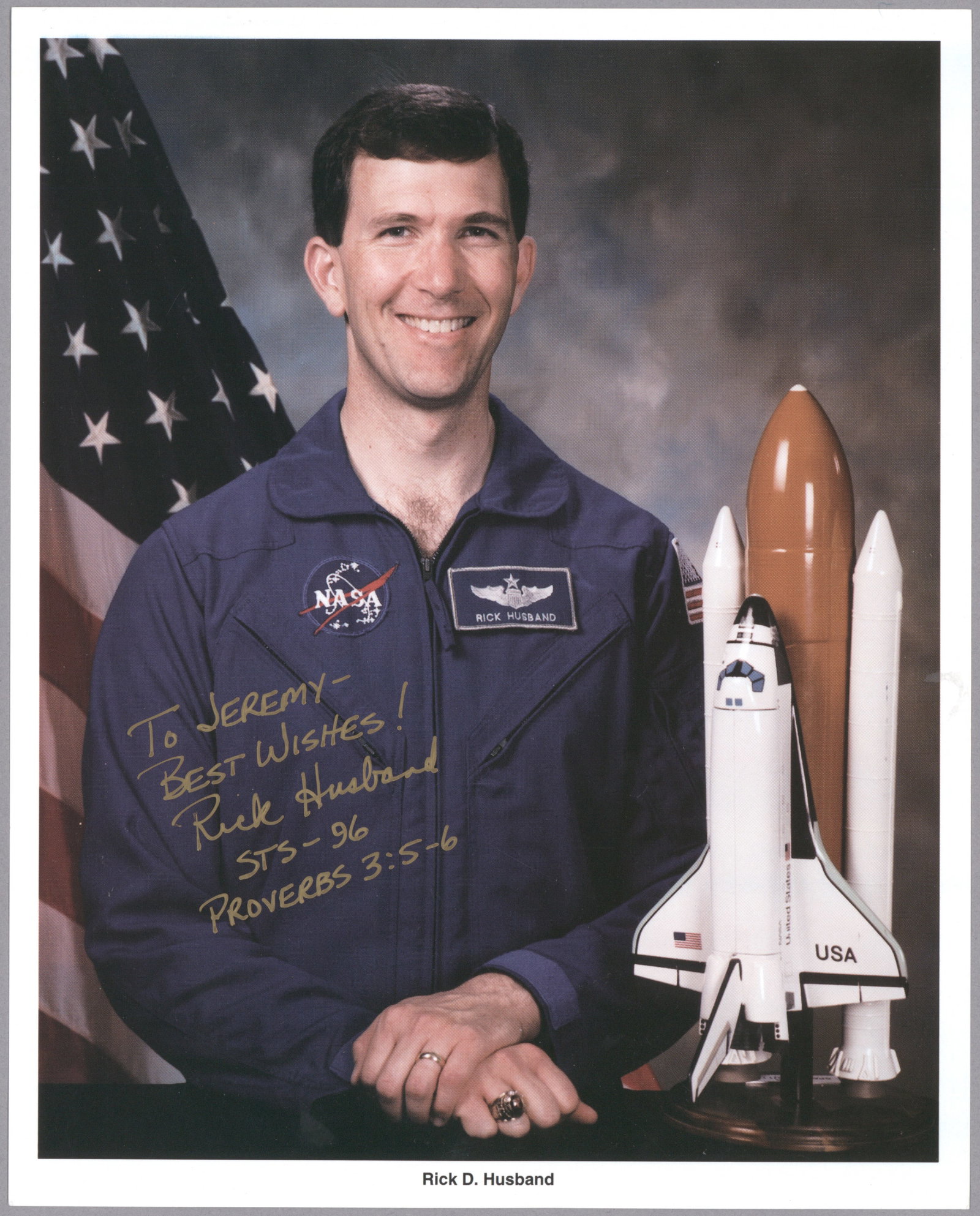 (SPACE SHUTTLE COLUMBIA STS-107 DISASTER) RICK HUSBAND: (1957-2003) American astronaut and fighter pilot. He traveled into space twice: as pilot of STS-96 and commander of STS-107. He perished when the Shuttle Columbia broke up in flight on February 1,