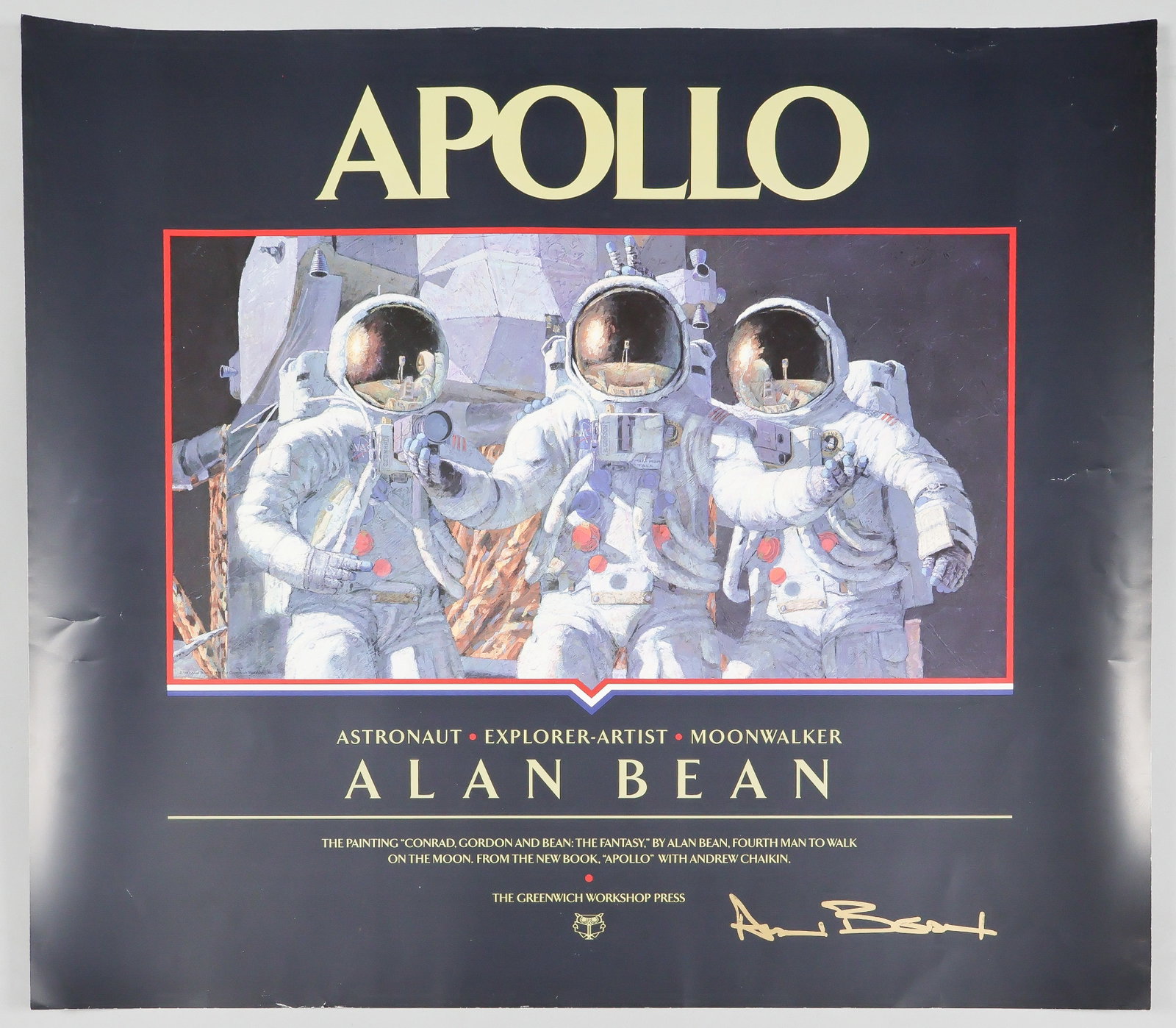 ALAN BEAN: (1932-2018) American astronaut who flew on Apollo 12 and in the Skylab mission. Signed color poster, 25 x 22 in., a promotional poster for the published collection of his paintings 'Apollo'. The