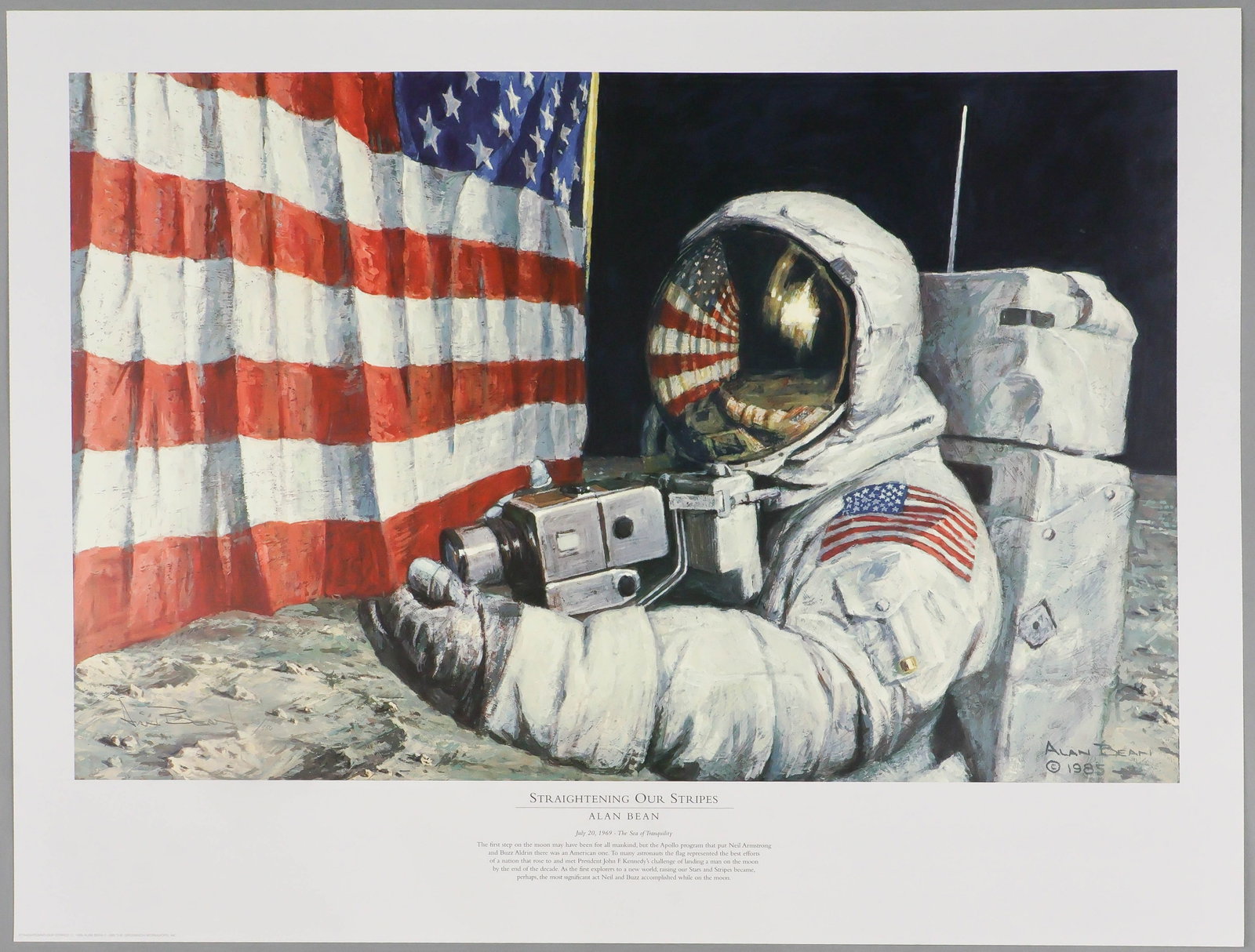 ALAN BEAN: (1932-2018) American astronaut who flew on Apollo 12 and in the Skylab mission. Signed color poster, 30 x 22 in., a lithograph of his 1985 patriotic painting 'Straightening Our Stripes' which depicts