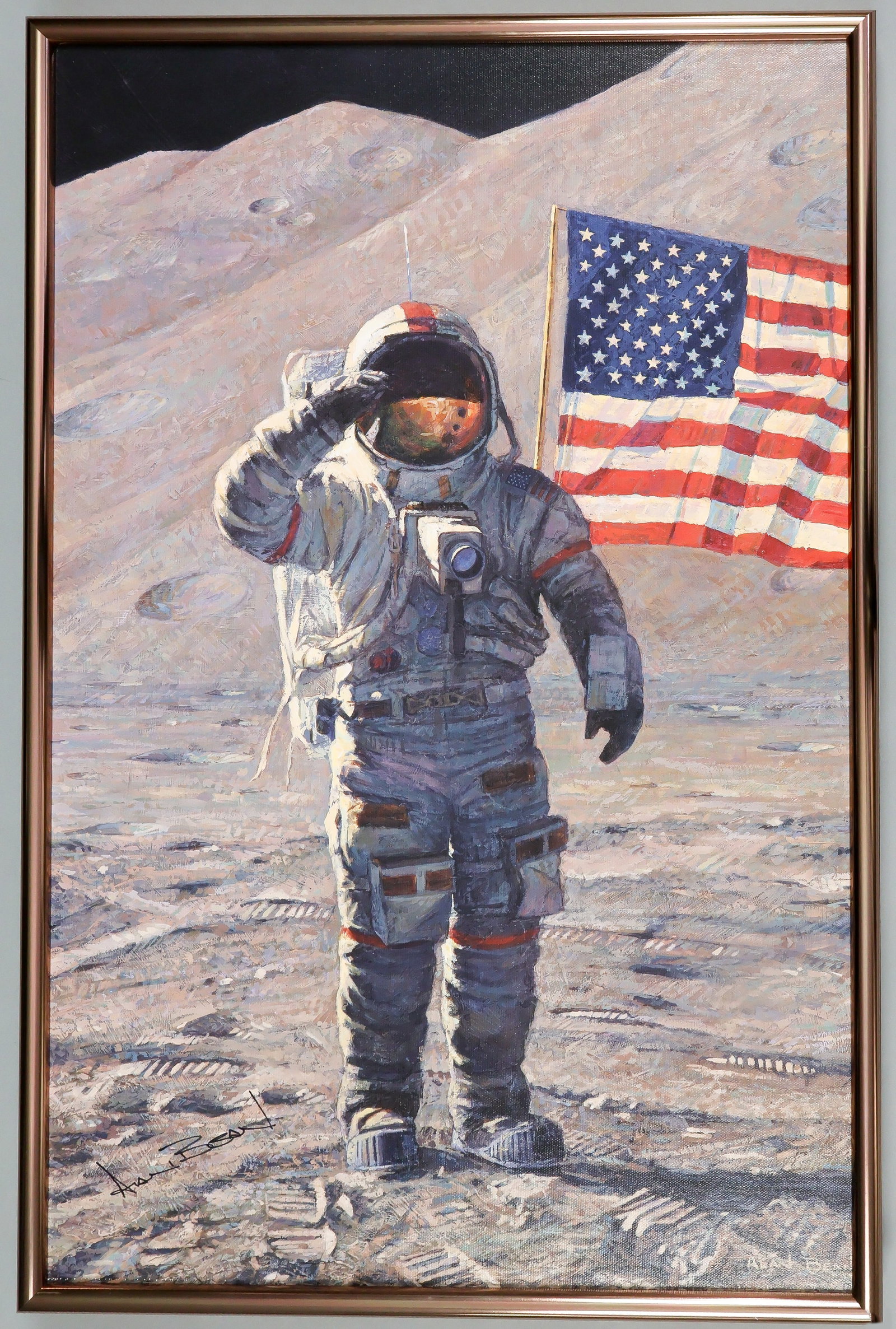 ALAN BEAN: (1932 - 2018) American astronaut who flew on Apollo 12 and in the Skylab mission. Exceptional lithochrome giclee on canvas, 18 x 27 in., Bean's painting 'A Fire to Be Lighted' showingstanding on the