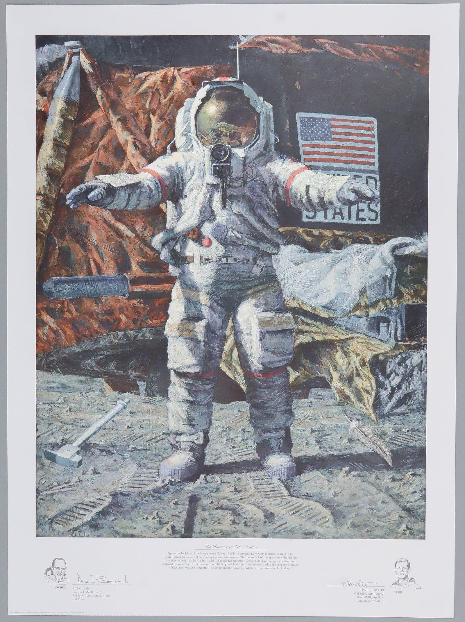 ALAN BEAN AND DAVE SCOTT: Wonderful signed color lithograph of an original painting by astronaut and moon-walker ALAN BEAN (1932-2018), 23 x 31 in. on heavy stock, his work 'The Hammer and the Feather' showing fellow