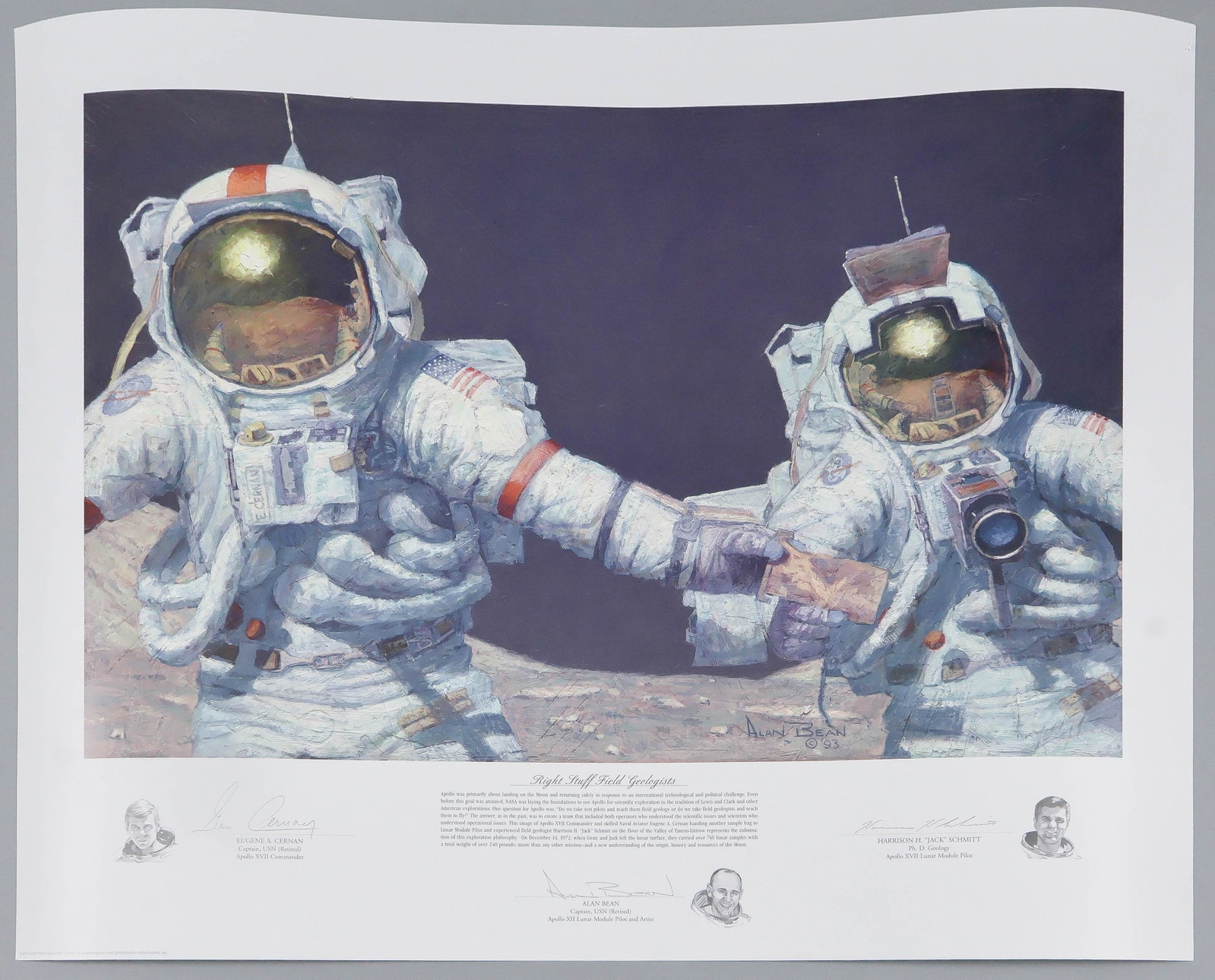 ALAN BEAN, GENE CERNAN, AND HARRISON SCHMITT: Wonderful signed color lithograph of an original painting by astronaut and moon-walker ALAN BEAN (1932-2018), 23.5 x 29.25 in. on heavy stock, his work 'Right Stuff Field Geologists' showing fellow