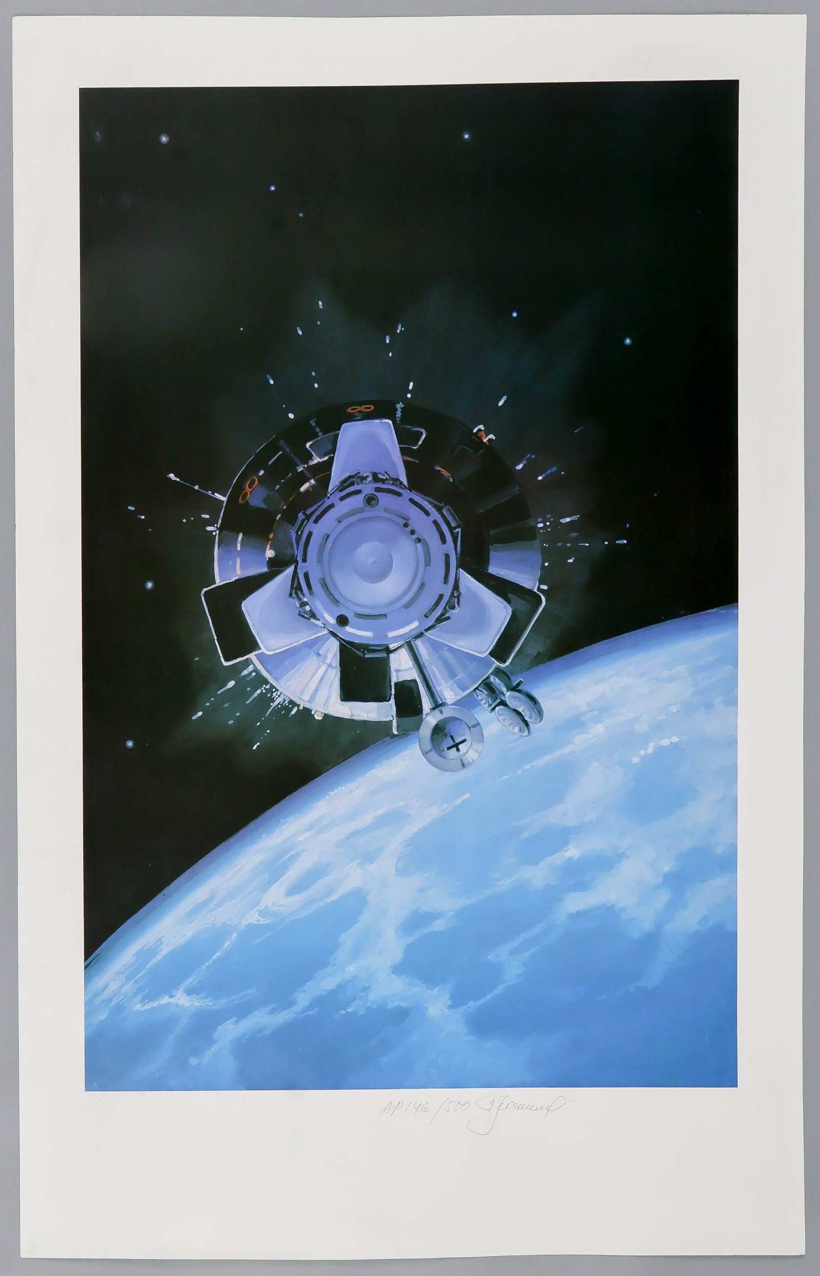 ALEXEI LEONOV: (1934 - 2019) Russian cosmonaut, the first man to walk in space. Attractive limited edition print of one of Leonov's paintings, what appears to be a docking manifold of the Soyuz 19 spacecraft within