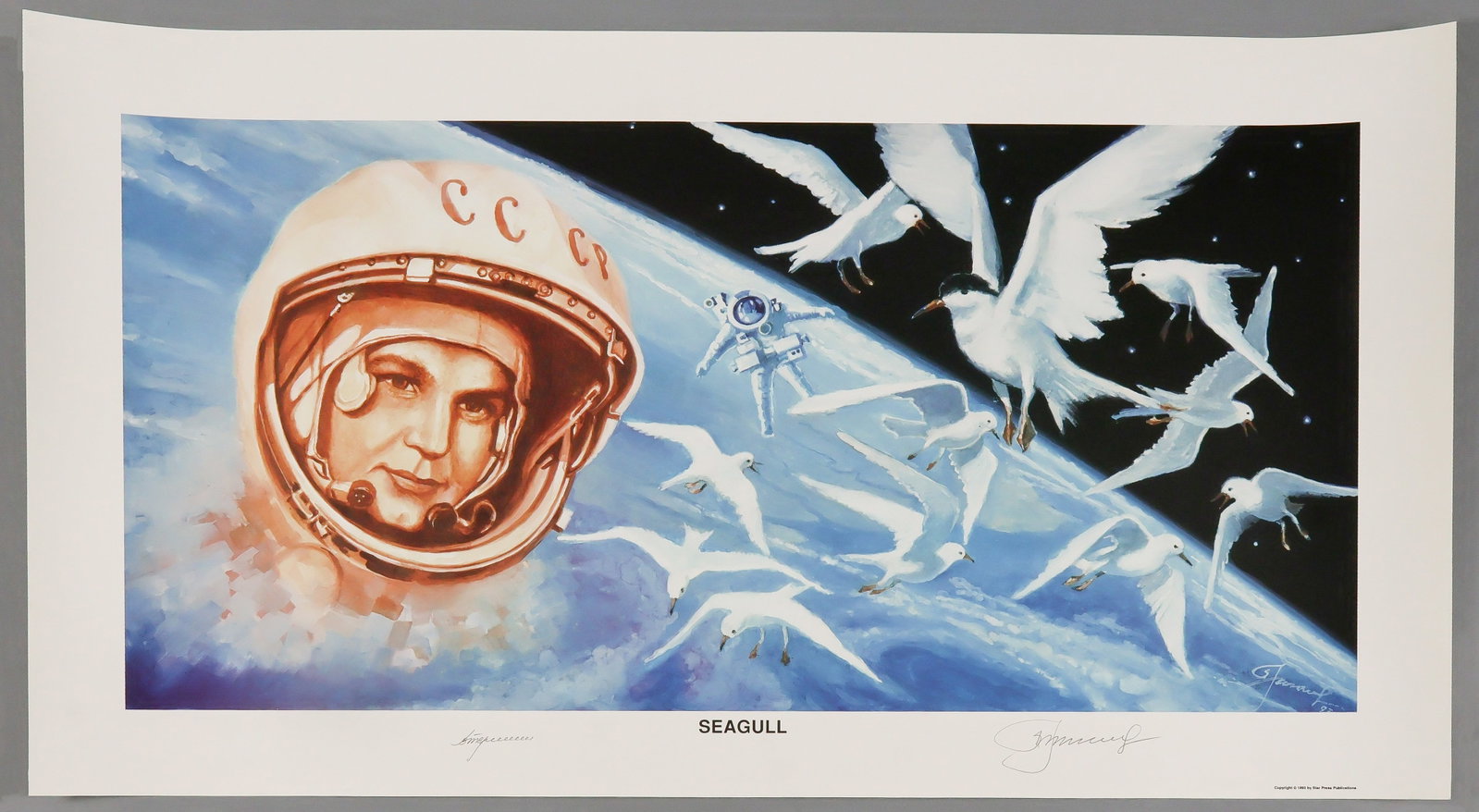 ALEXEI LEONOV AND VALENTINA TERESHKOVA: ALEXEI LEONOV (1934 - 2019) Russian cosmonaut, the first man to walk in space. Fine signed reproduction of Leonov's painting 'Seagulls' which includes a bust of fellow cosmonaut VALENTINA TERESHKOVA