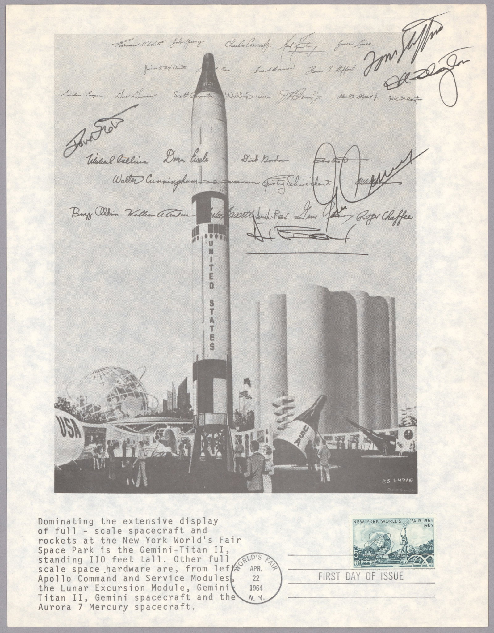AMERICAN ASTRONAUTS: Document signed by five American astronauts, a ca. 1964 1p. 4to. flyer showing various space capsules and a Titan II rocket as exhibited at the New York World's Fair, with stamp and first day cancel,