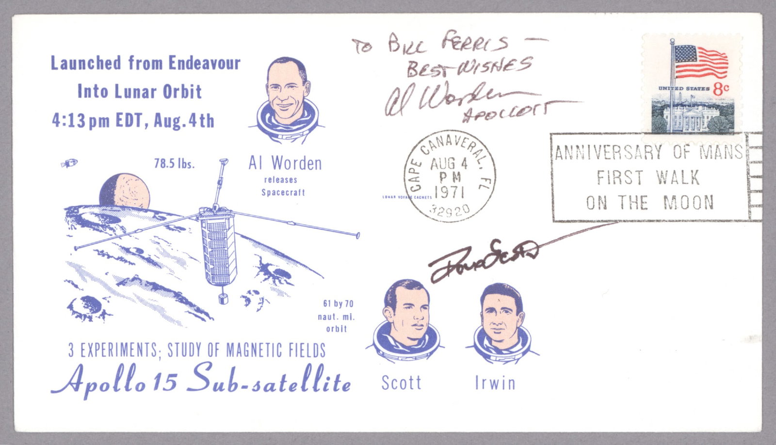 APOLLO 15 SUB-SATELLITE SIGNED COVER: Rare Apollo 15 Endeavor sub-satellite launch signed cover, signed on the face by AL WORDEN (1932-2020) and DAVE SCOTT (b. 1932), with astronaut portraits and illustration of the sub-satellite,