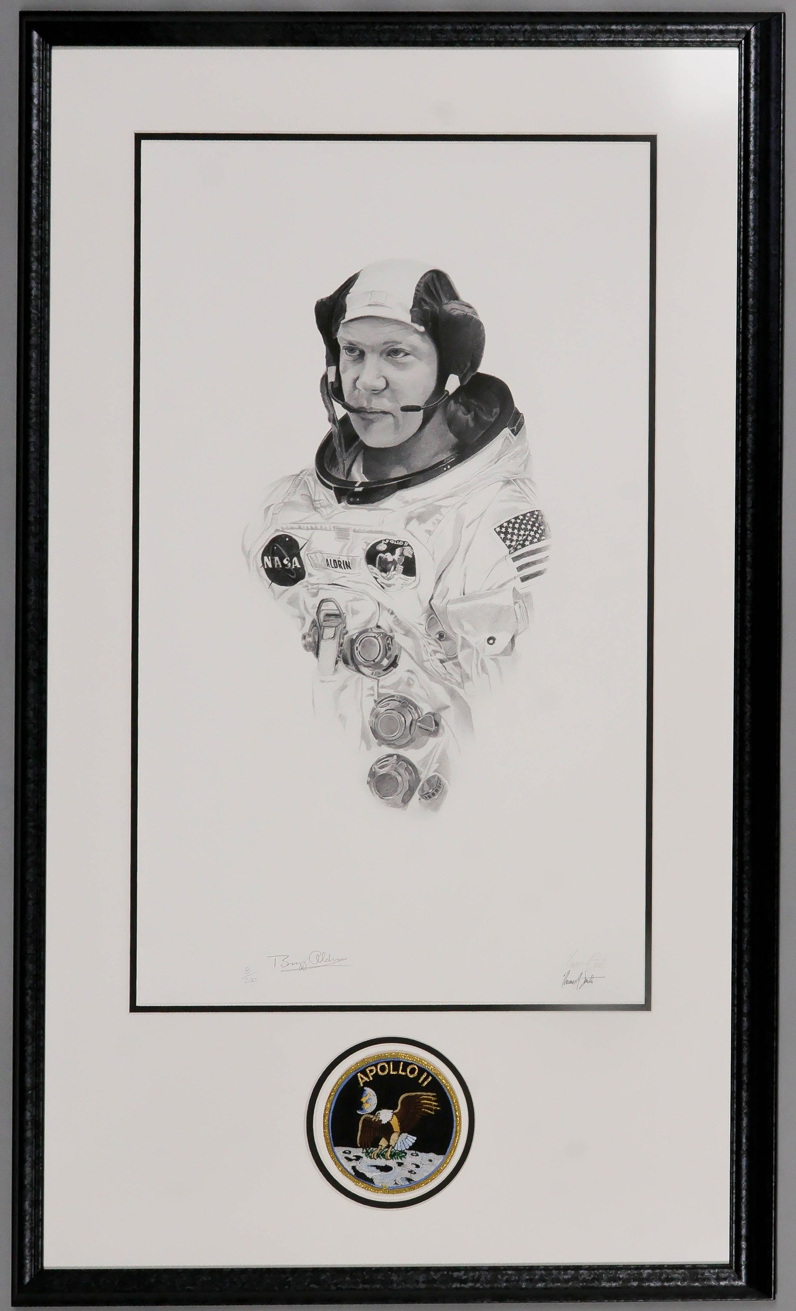 BUZZ ALDRIN: (b. 1930) American astronaut and pilot of the Apollo 11 lunar module who walked on the moon with Neil Armstrong. Wonderful limited edition no. 6/200 giclee lithograph, 17 x 26 in., shows Aldrin in