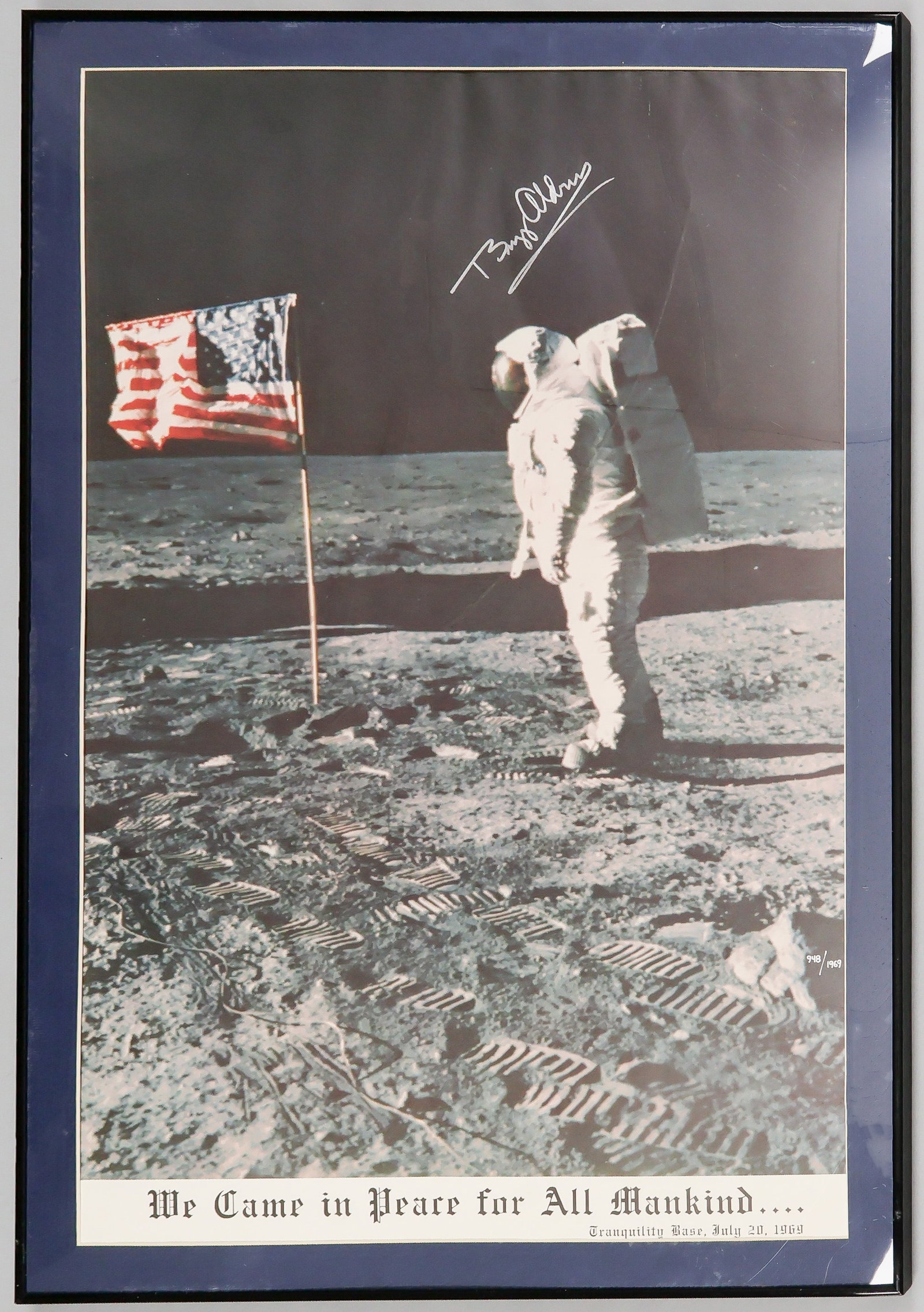 BUZZ ALDRIN: (b. 1930) American astronaut and pilot of the Apollo 11 lunar module who walked on the moon with Neil Armstrong. Great oversized signed limited edition poster, 21 x 33 in. matted to 24.25 x 36.25