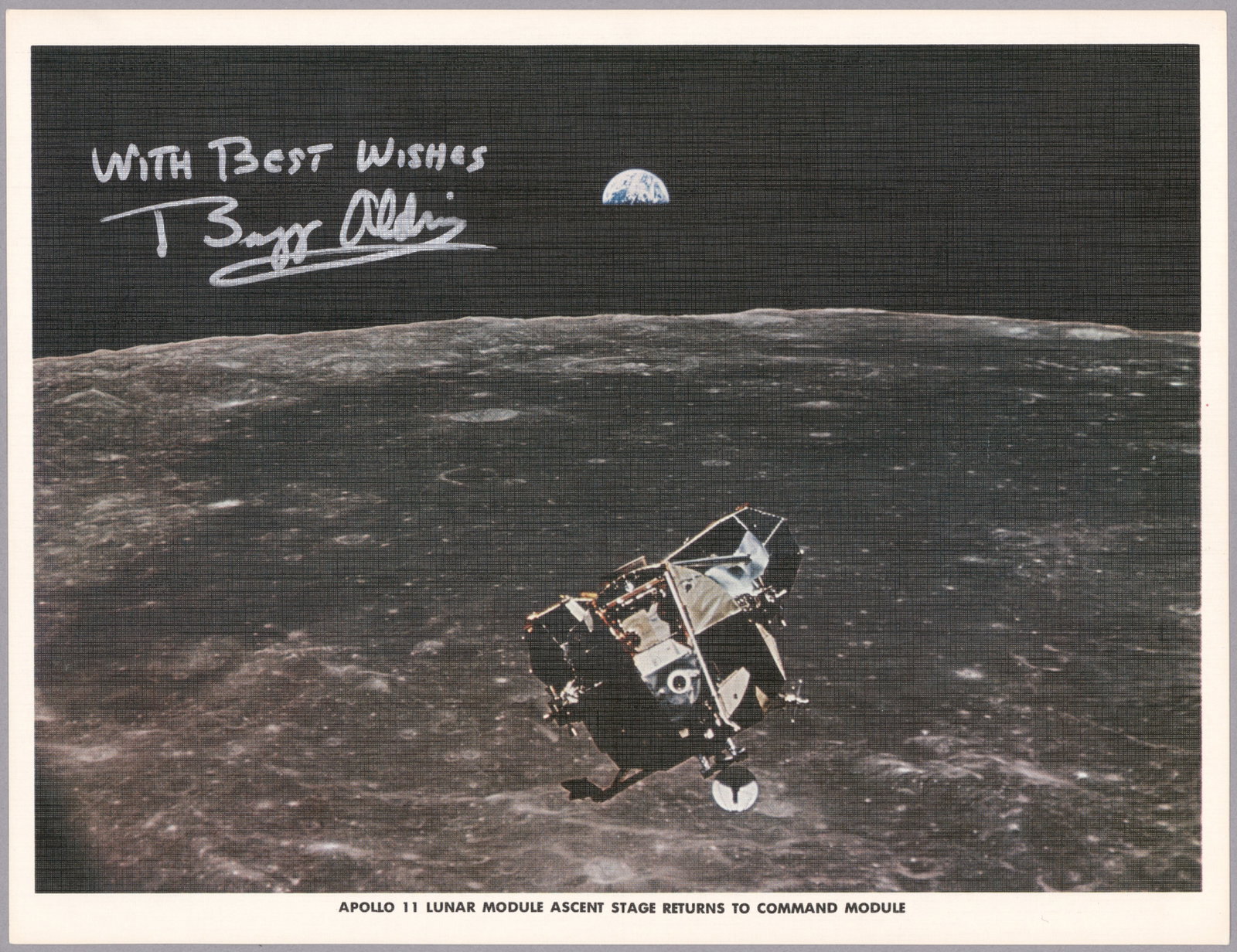 BUZZ ALDRIN: (b. 1930) American astronaut and pilot of the Apollo 11 lunar module who walked the Moon with Neil Armstrong. Great S.P., 10 x 8 in. color, a linen finish vintage issue photo of the Apollo 11 LEM en