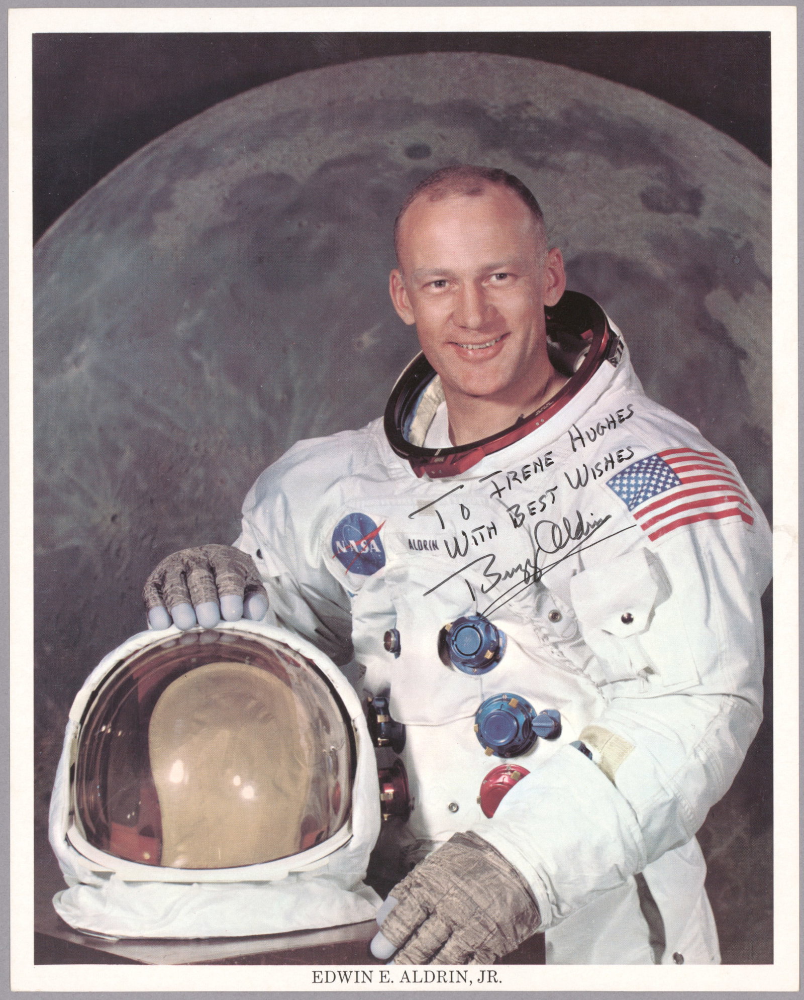 BUZZ ALDRIN: (b. 1930) American astronaut and pilot of the Apollo 11 lunar module who walked on the moon with Neil Armstrong. Vintage I.S.P. 8 x 10 in. color, a ca. 1970 official NASA photo inscribed and signed