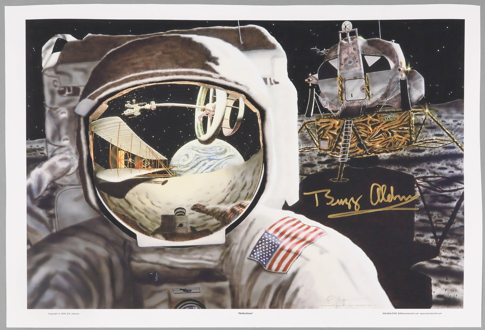 BUZZ ALDRIN: (b. 1930) American astronaut and pilot of the Apollo 11 lunar module who walked on the moon with Neil Armstrong. Rare signed poster, a lithograph of artist B. E. Johnson's work 'Reflections' (1976) de