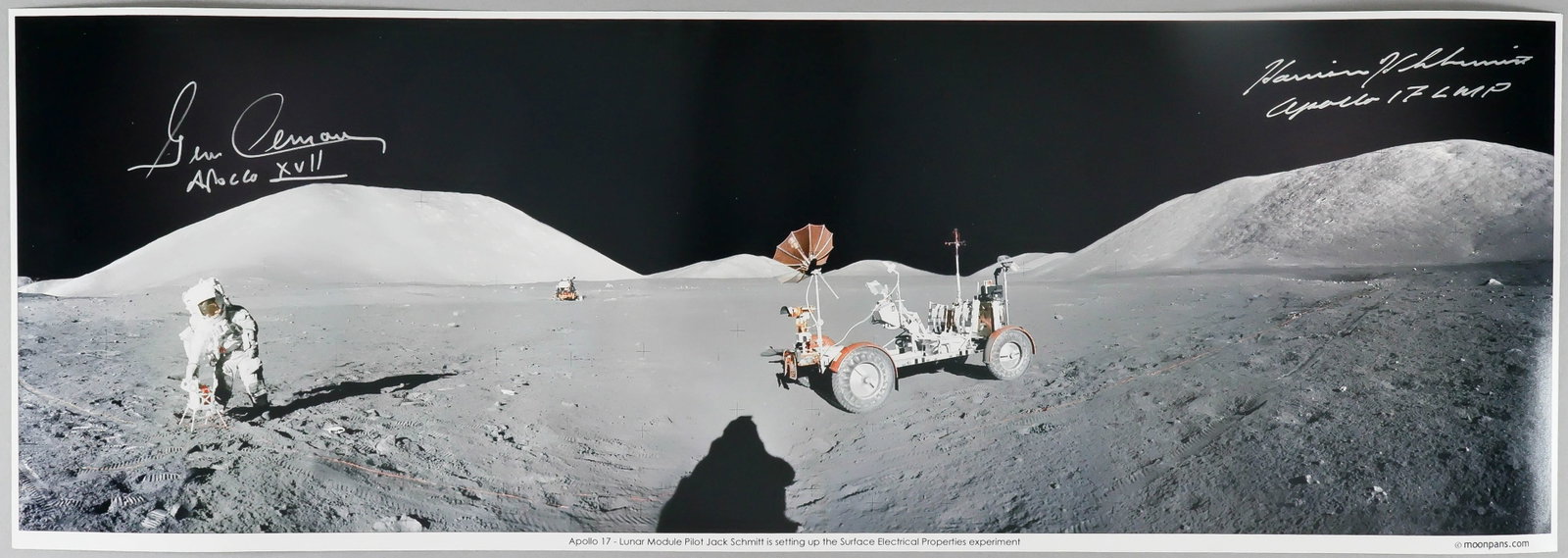 GENE CERNAN AND HARRISON SCHMITT: HARRISON SCHMITT (b. 1935 ) American astronaut and a moon-walker on the Apollo 17 mission. Superb S.P., 23 x 8 in. color, the panoramic image depicting Schmitt upon the surface of the moon setting up
