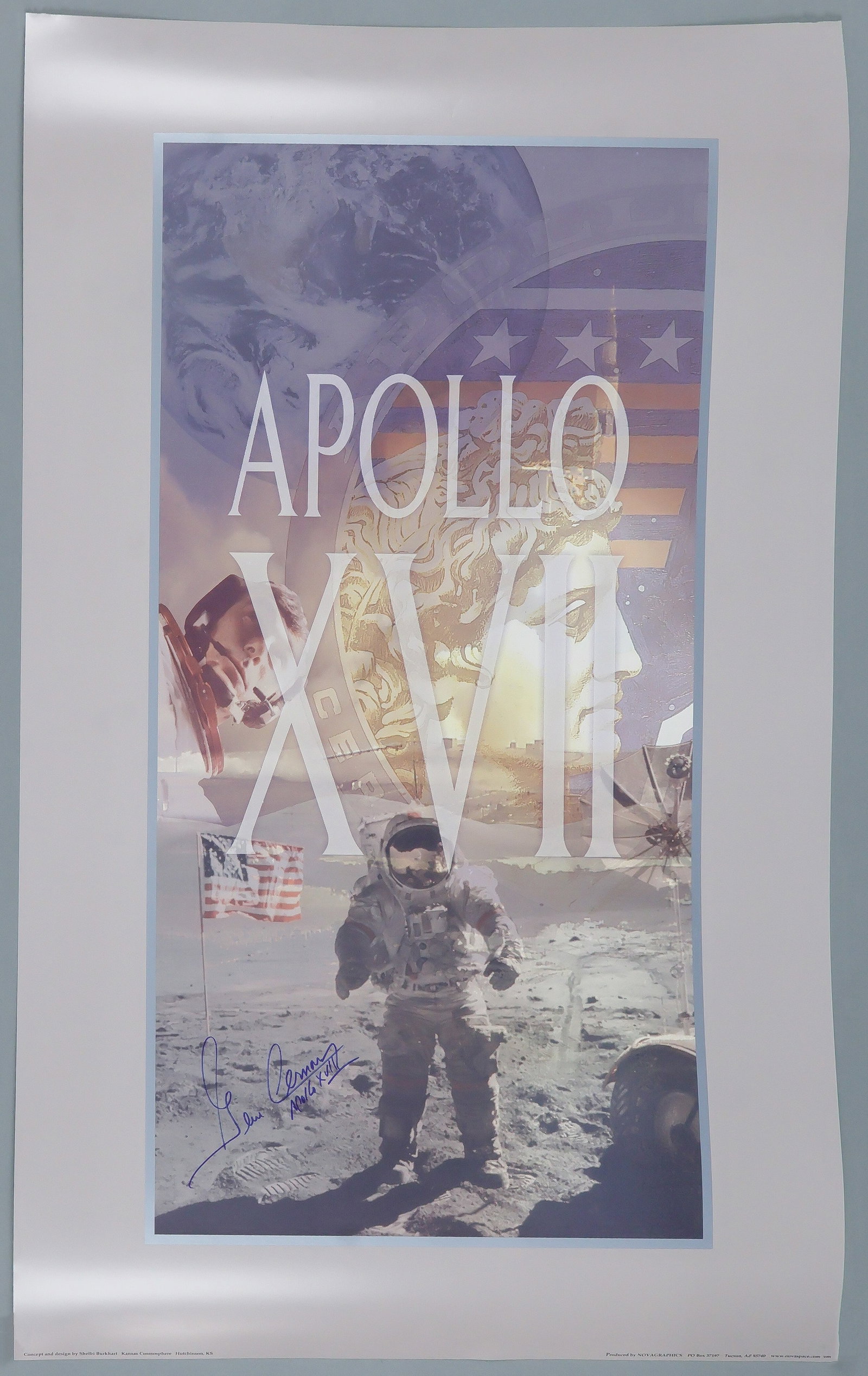 GENE CERNAN: (1934-2017) American astronaut, flew on Gemini IX, Apollo 10 and commanded Apollo 17, becoming the last man to walk on the moon. Great signed poster issued by Novagraphics, 22 x 35.75 in., shows
