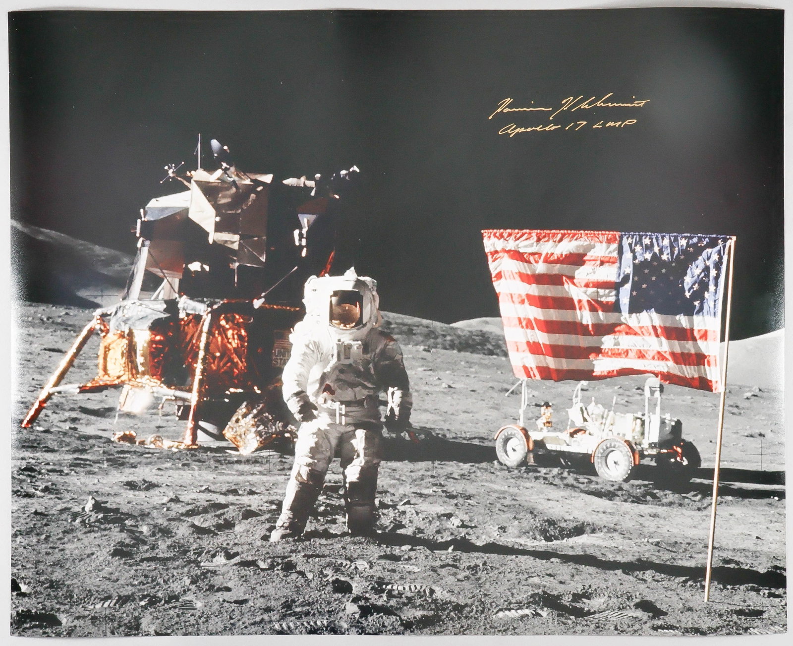 HARRISON SCHMITT: (b. 1935 ) American astronaut and a moon-walker on the Apollo 17 mission. Superb S.P., 20 in. x 16 in. color, the image depicting Schmitt upon the surface of the moon in the company of the LEM,