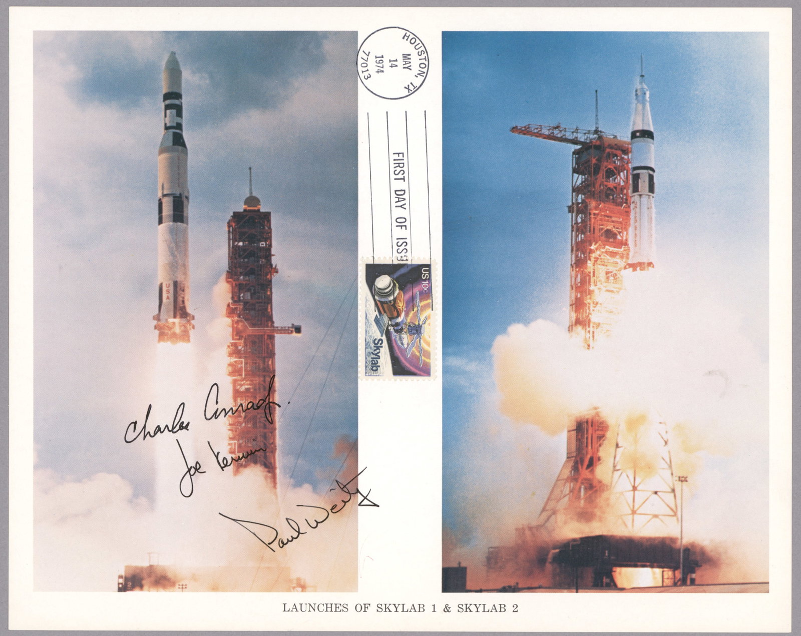 SKYLAB II: Fine S.P., 8 x 10 in. color, a NASA-issued image showing the lift-offs of Skylab I and Skylab II with a Skylab stamp with first day cancel placed between the two images. The photo has been signed by
