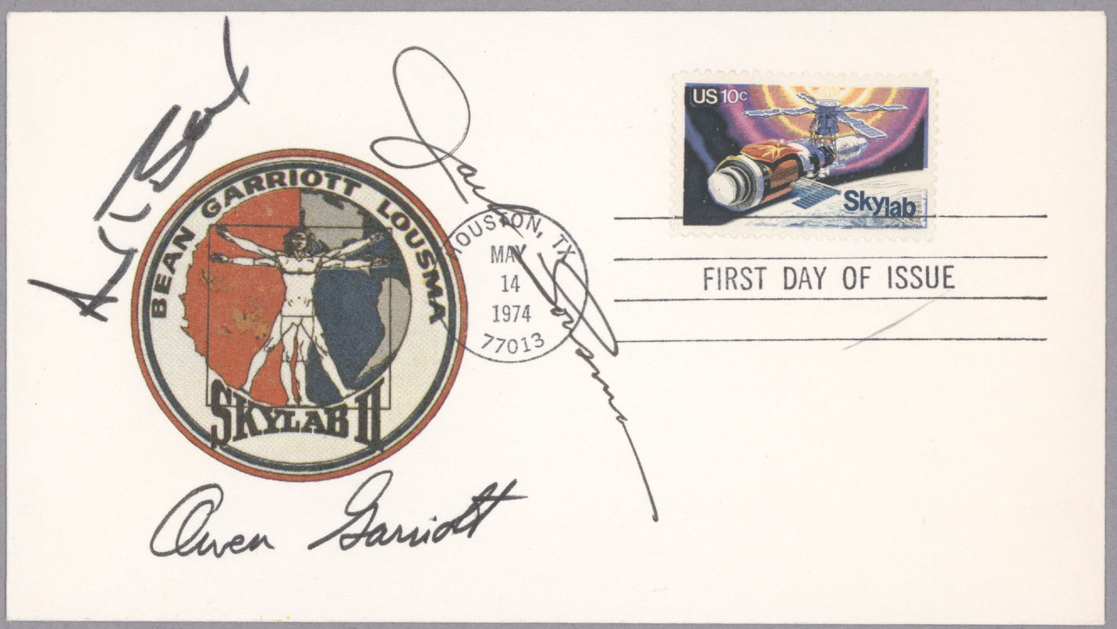 SKYLAB III SIGNED COVER: Skylab III signed first day Skylab postal cover bearing the mission's emblem, canceled Houston, Tx. May 14, 1974, boldly signed by mission crewmen ALAN BEAN (1932-2018), JACK LOUSMA (b. 1936), and