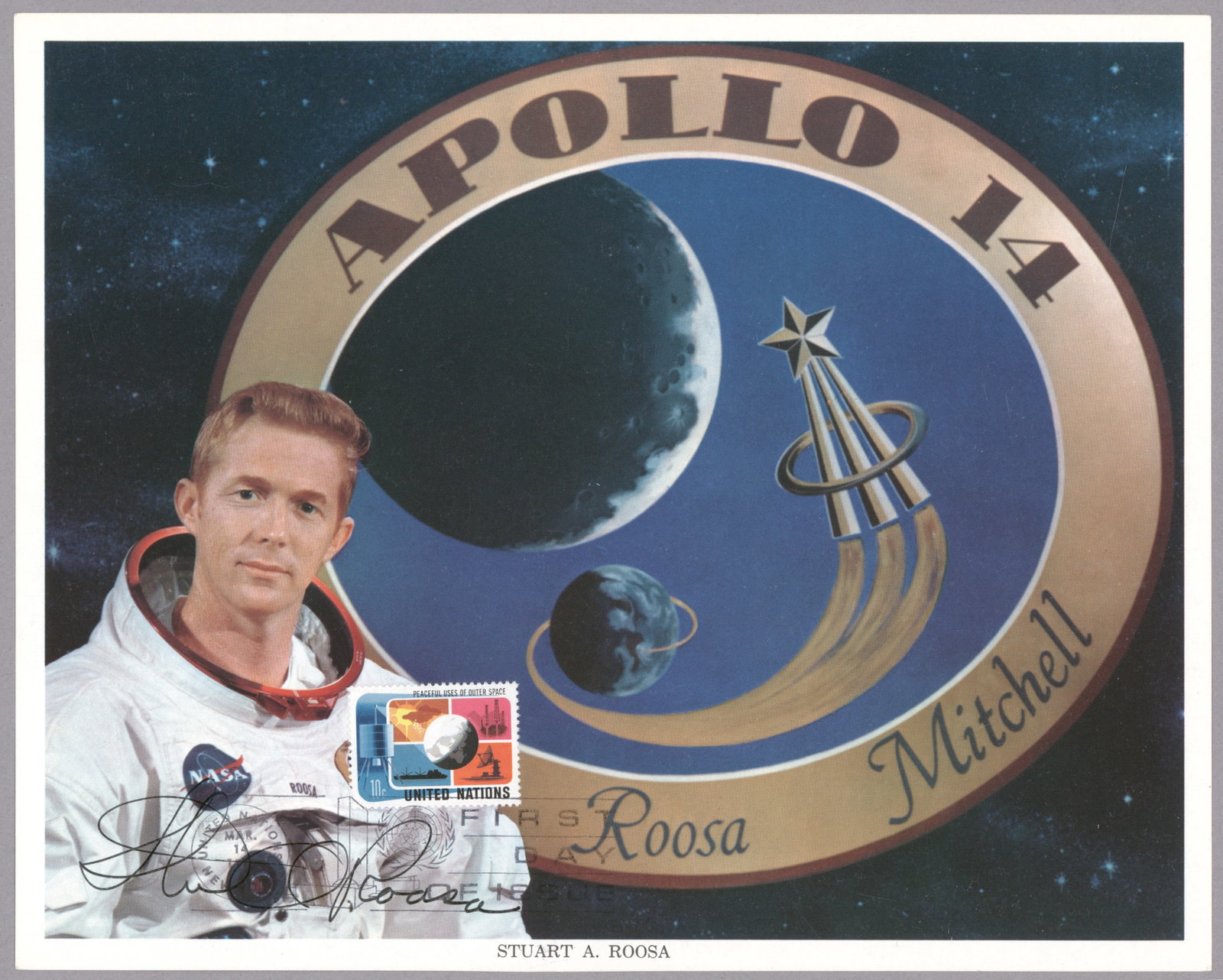 STUART A. ROOSA: (1933 - 1994) American astronaut, command module pilot for the Apollo 14 mission. Scarce S.P., 10 x 8 in. color, an official NASA image of Roosa standing in his pressure suit before the Apollo 14