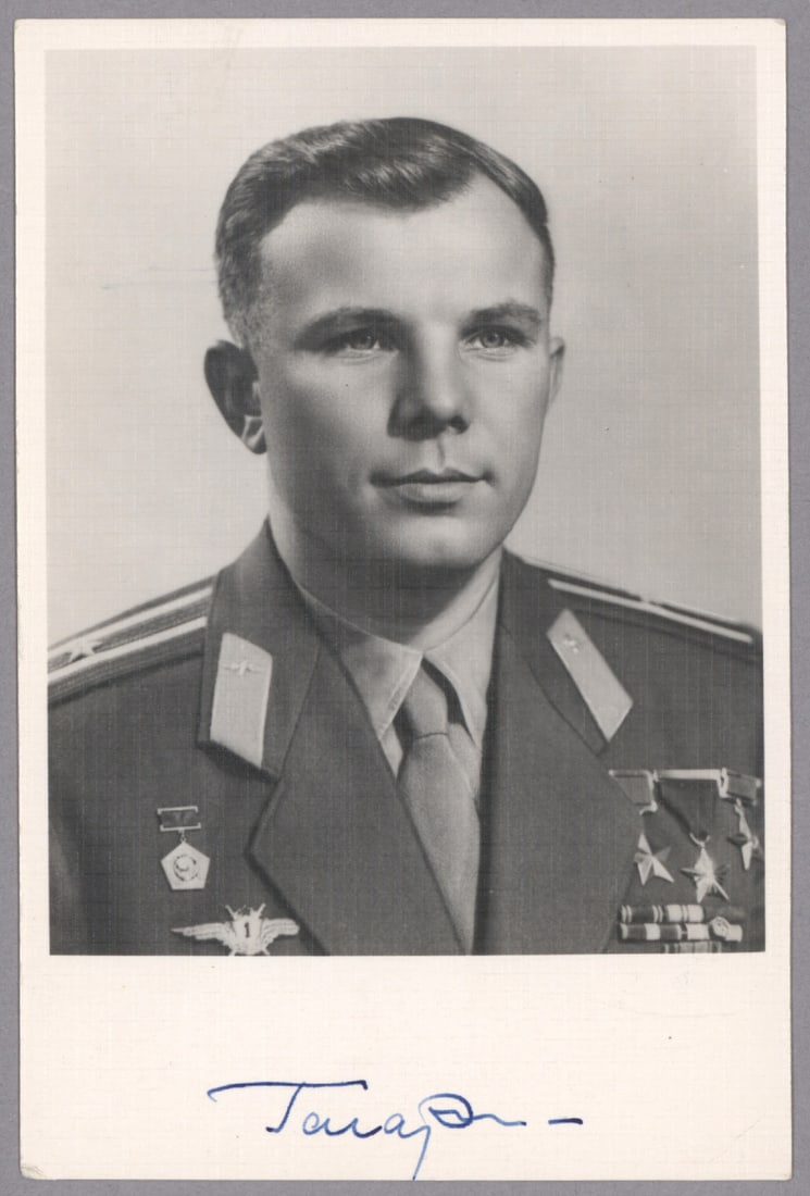 YURI GAGARIN: (1934 - 1968) Russian cosmonaut, the first man in space who died tragically in a routine training flight. Fine early S.P., 3.75 x 5.75 in. b/w, a portrait of Gagarin on linen-textured stock