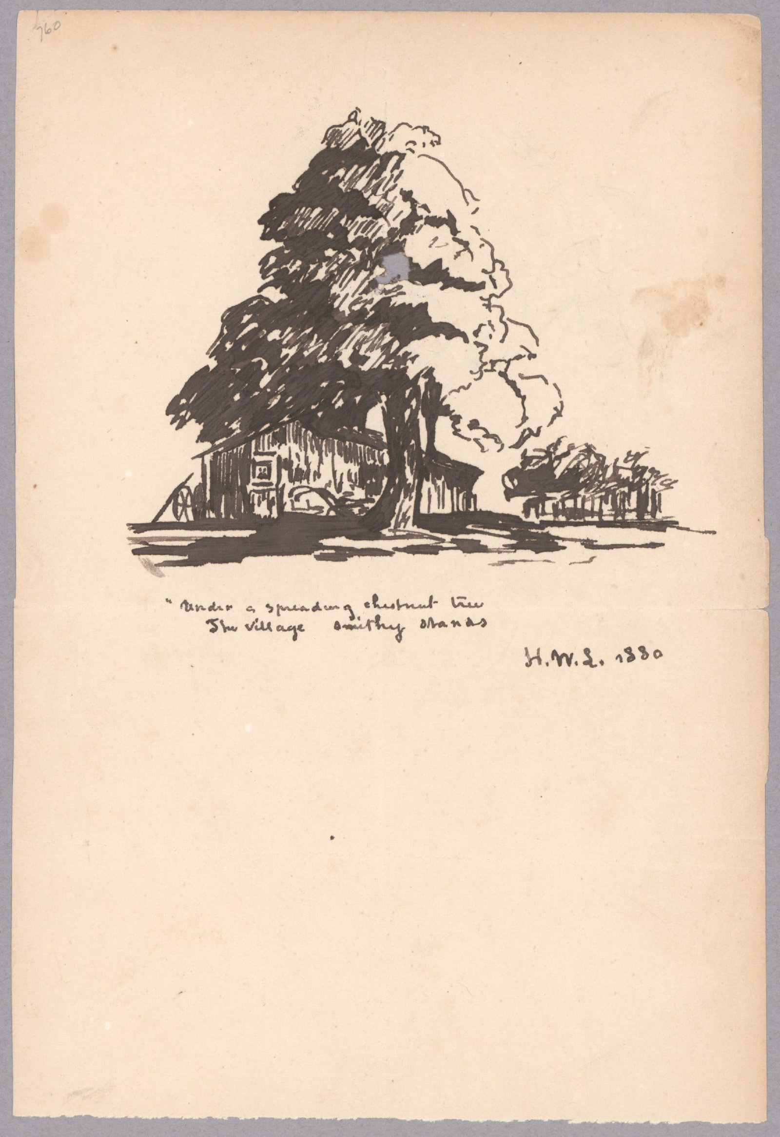 HENRY W. LONGFELLOW Fantastic: (1807-1882) American poet and author whose works include 'The Song of Hiawatha', 'The Psalm of Life' and 'Paul Revere's Ride.' Fantastic, unique pen and ink drawing by Longfellow with an additional