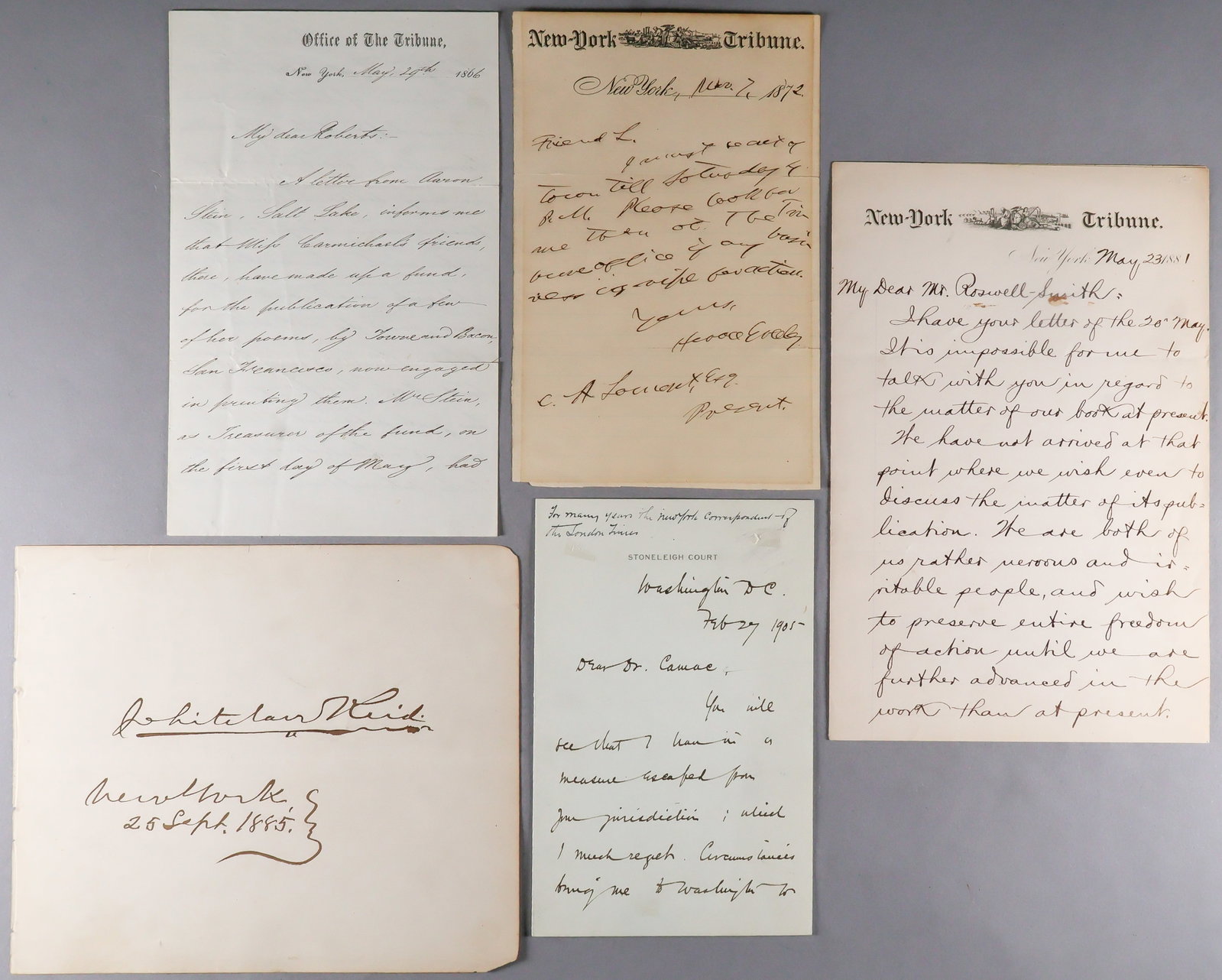 ‘NEW-YORK TRIBUNE’ EDITORS AND CORRESPONDENTS (5): A fine lot of five pieces related to notable Civil War-era figures employed by the ‘New-York Tribune’, includes: HORACE GREELY (1811-1872) American essayist and founder of the Tribune,