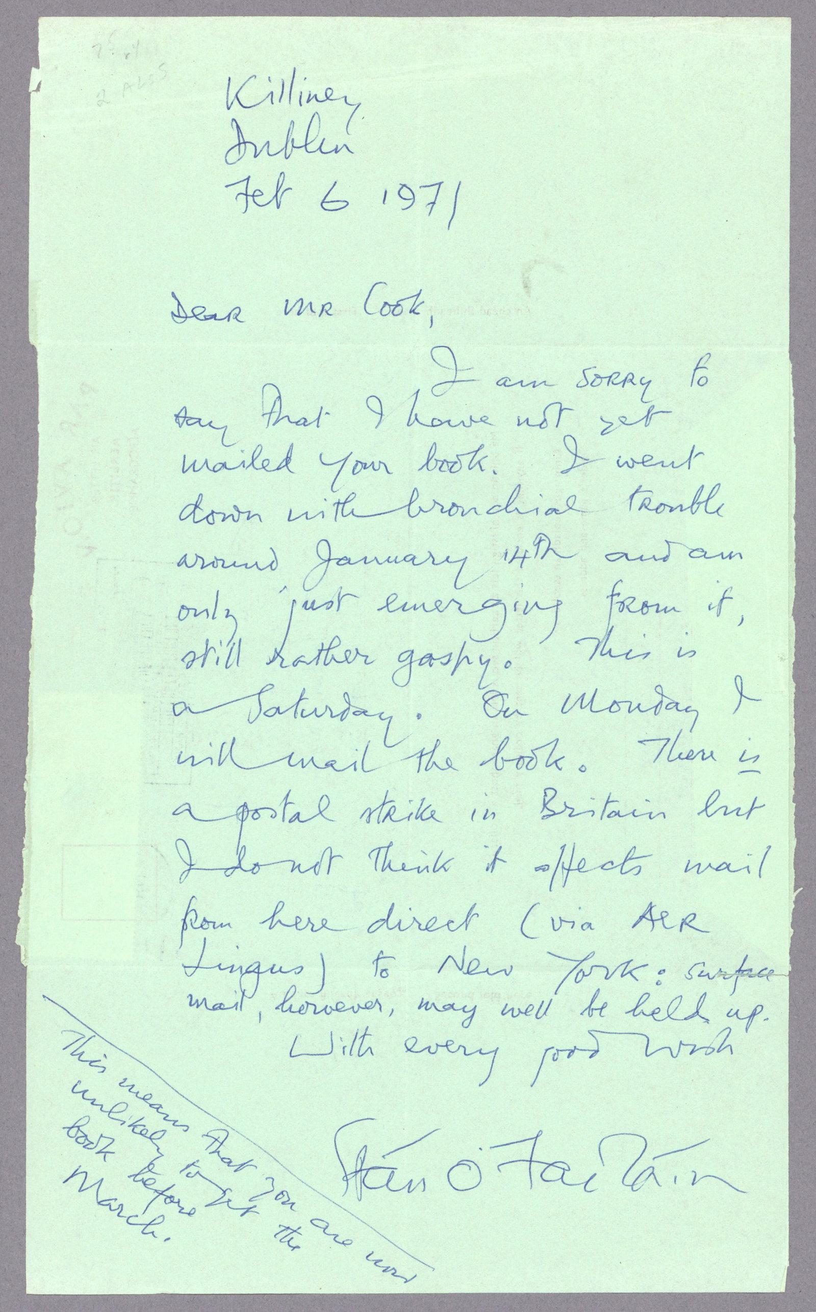 SEAN O'FAOLAIN: (1900–1991) Irish short-story writer of international repute, also a leading commentator and critic. One of the most influential figures in 20th-century Irish culture. A.L.S. signed at