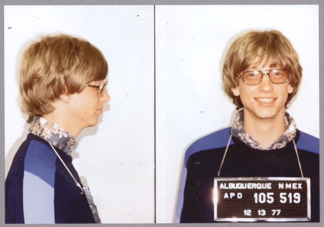 BILL GATES MUG SHOT: BILL GATES (b. 1955) Zillionaire founder and largest stockholder of computer software giant, Microsoft. Gates’ mug shot, 5 in. x 3.5 in. color, for his arrest in Albuquerque on the charge of
