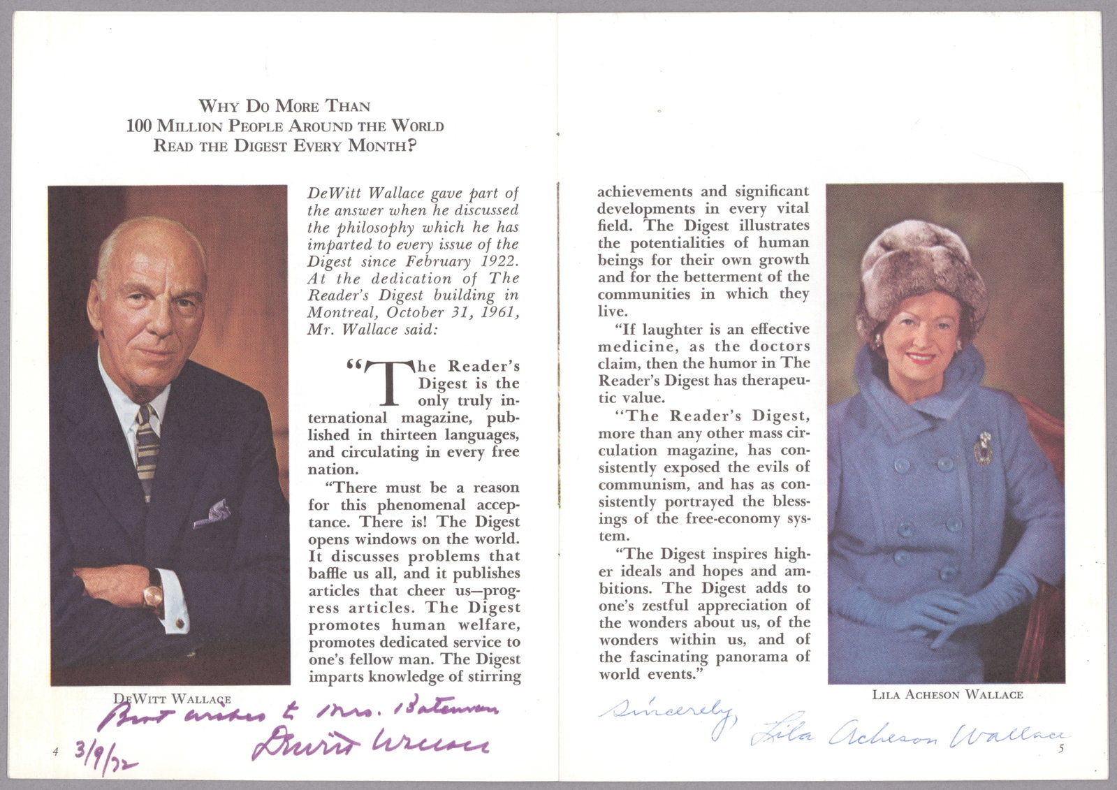 DEWITT WALLACE AND LILA ACHESON WALLACE: DEWITT WALLACE (1889 - 1981) American magazine publisher, co-founder of Reader's Digest with his wife Lila Bell Wallace, publishing the first issue in 1922. Great signed piece, 16pp. 8vo., 1972, a