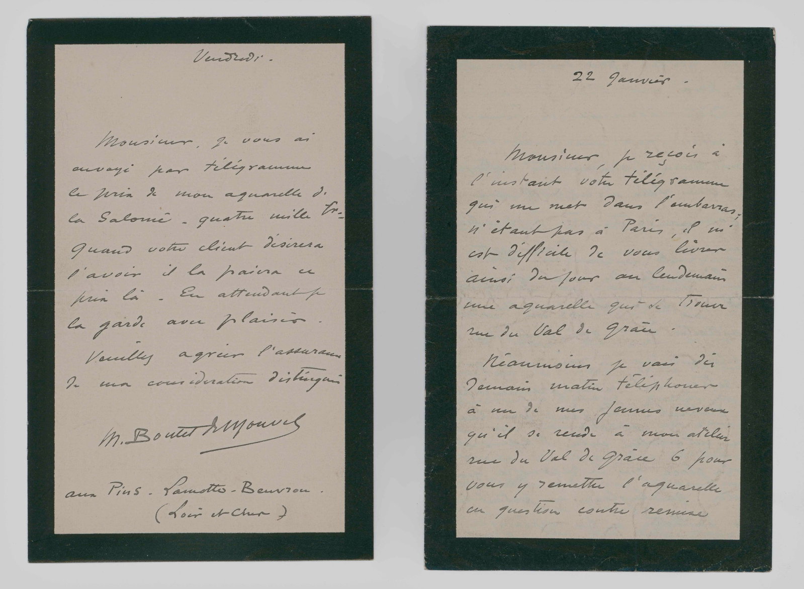 LOUIS-MAURICE BOUTET DE MONVEL: (1850-1913) French painter and watercolorist best known for his illustrations for children’s books. An uncommon group of three A.Ls.S. each on black-bordered mourning letterhead, [n.p.],