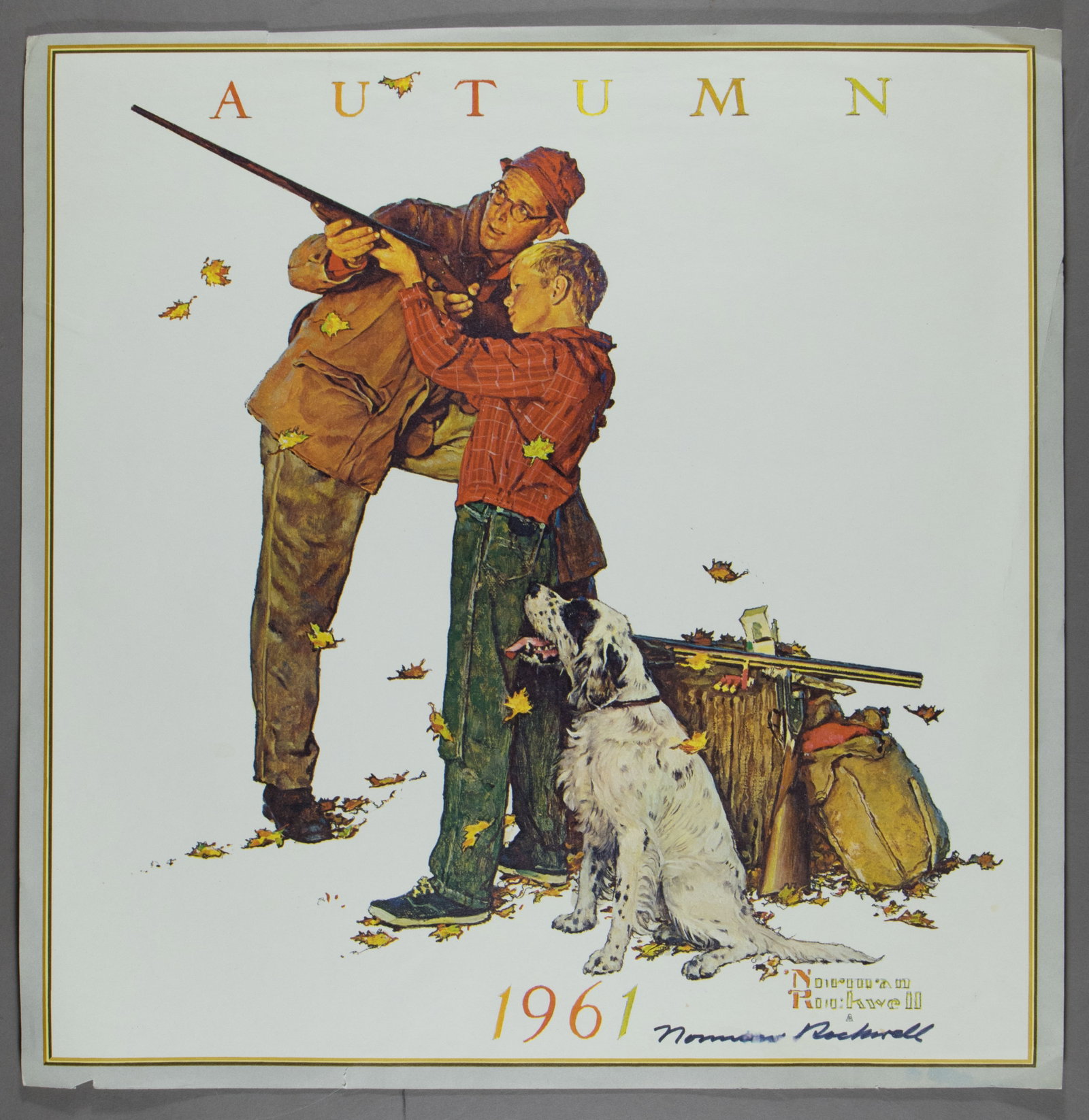 NORMAN ROCKWELL: (1894-1978) American painter and illustrator known for his homey, American genre paintings. His printed color artwork titled ‘Autumn’ from 1961, showing a father in hunting gear teach