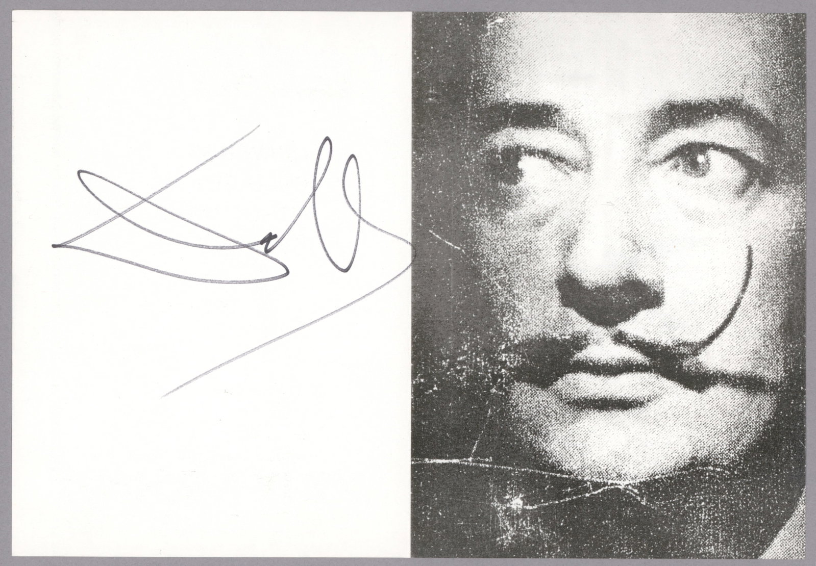 SALVADOR DALI: (1904 - 1989) Spanish artist whose surrealistic paintings reflected his eccentric lifestyle. His works are known for their dream-like, symbolic nature. Great S.P., 10.5 x 7.25 in. b/w, a heavily