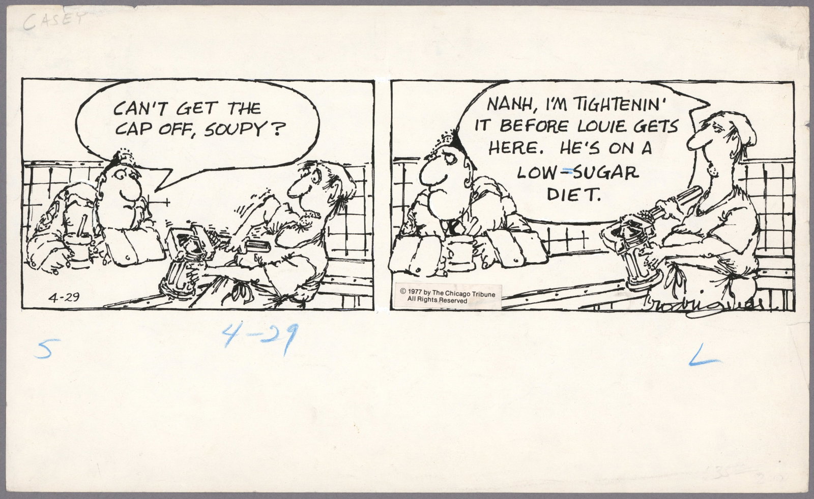 CHARLES RODRIGUES: (d. 2004) American cartoon artist, he created "Casey the Cop" in the 1970s and produced many pieces for National Lampoon. An original pen and ink two-panel daily "Casey" strip, executed on a 14" x 8 1