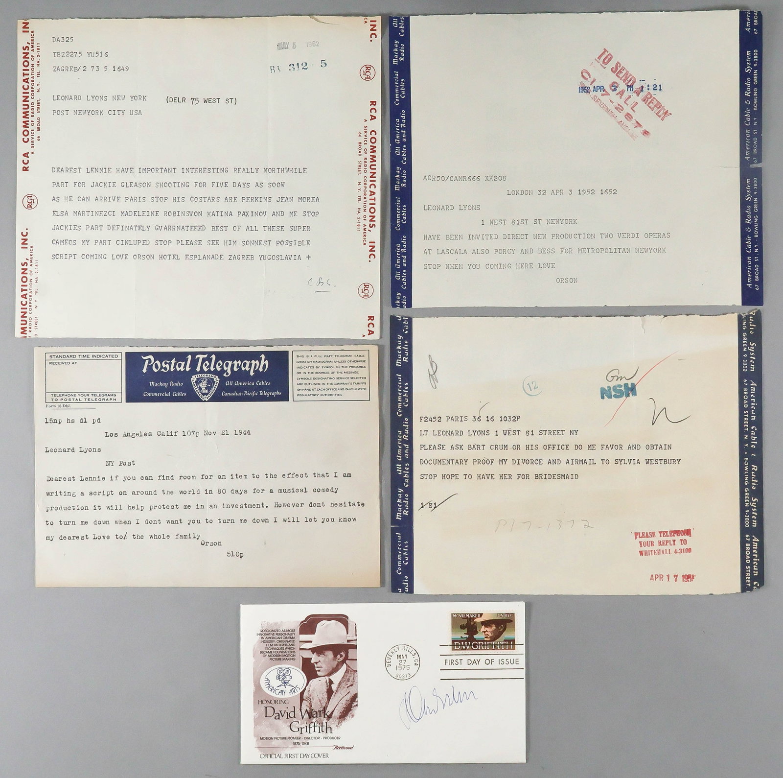 ORSON WELLES (5): Excellent lot of five pieces for the Welles collector, including four early telegrams sent to his friend, noted New York film critic LEONARD LYONS (1906-1976) and a Welles signed piece. The signed