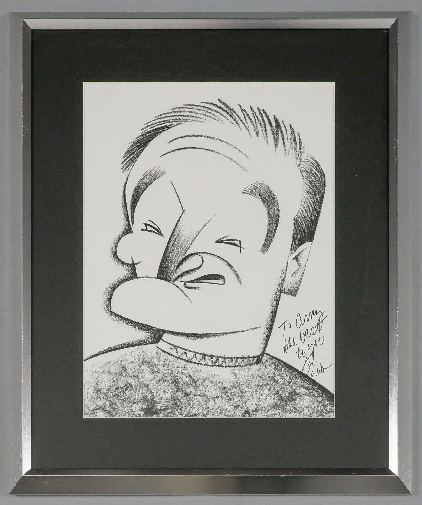 ROBIN WILLIAMS: (1951-2014) American Oscar-winning actor and comedian. Signed sketch, 8.5 x 11.5 in. [sight], a caricature of Williams by an unnamed artist, inscribed at signed at right: ‘To Amy the best to