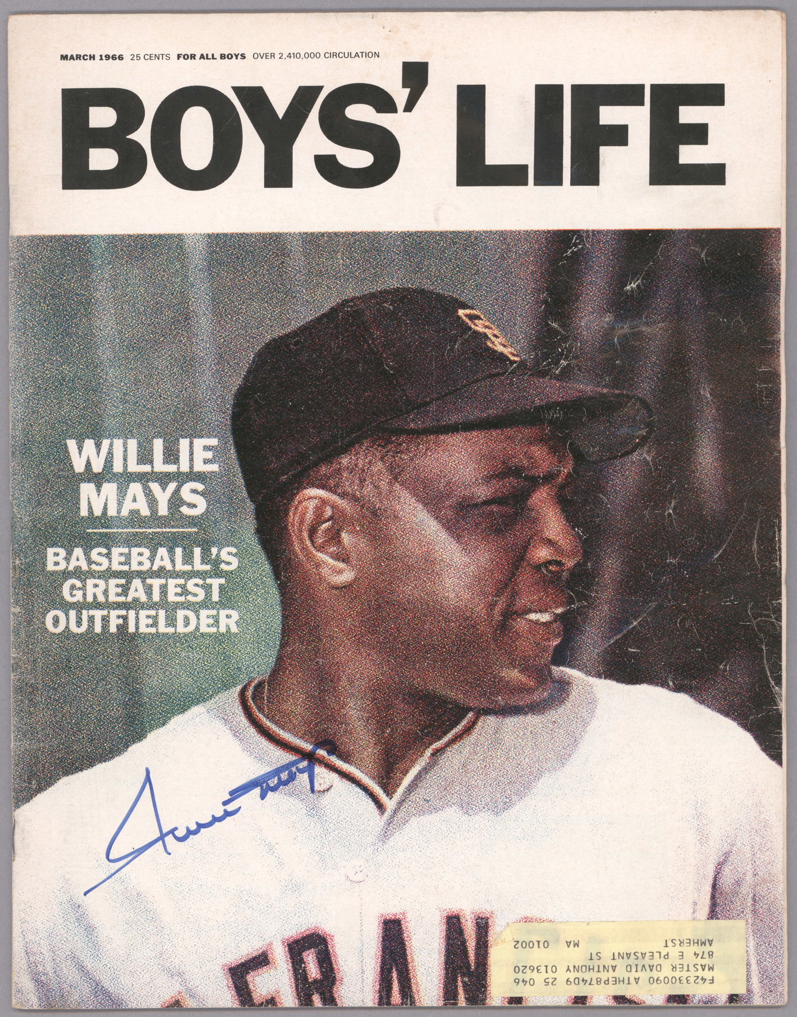 WILLIE MAYS: (1931 - 2024) Baseball Hall of Famer who clubbed 660 home runs and 3,283 hits with a career average of .302. S.P., 10.25 x 13.25 in. color, the cover of Boys' Life magazine (complete issue), March,