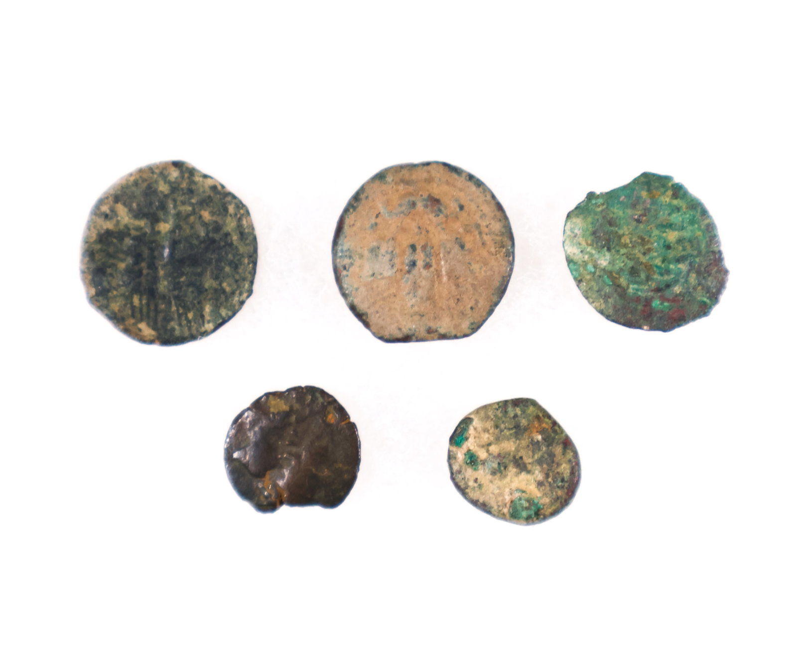 WIDOW’S MITES (5): Lot of five ‘Widow’s Mites’, barbaric, small bronze coins minted in or near Jerusalem around 75 B.C. to make up for the shortage of the Prutah of Alexander coin. This was the lowest