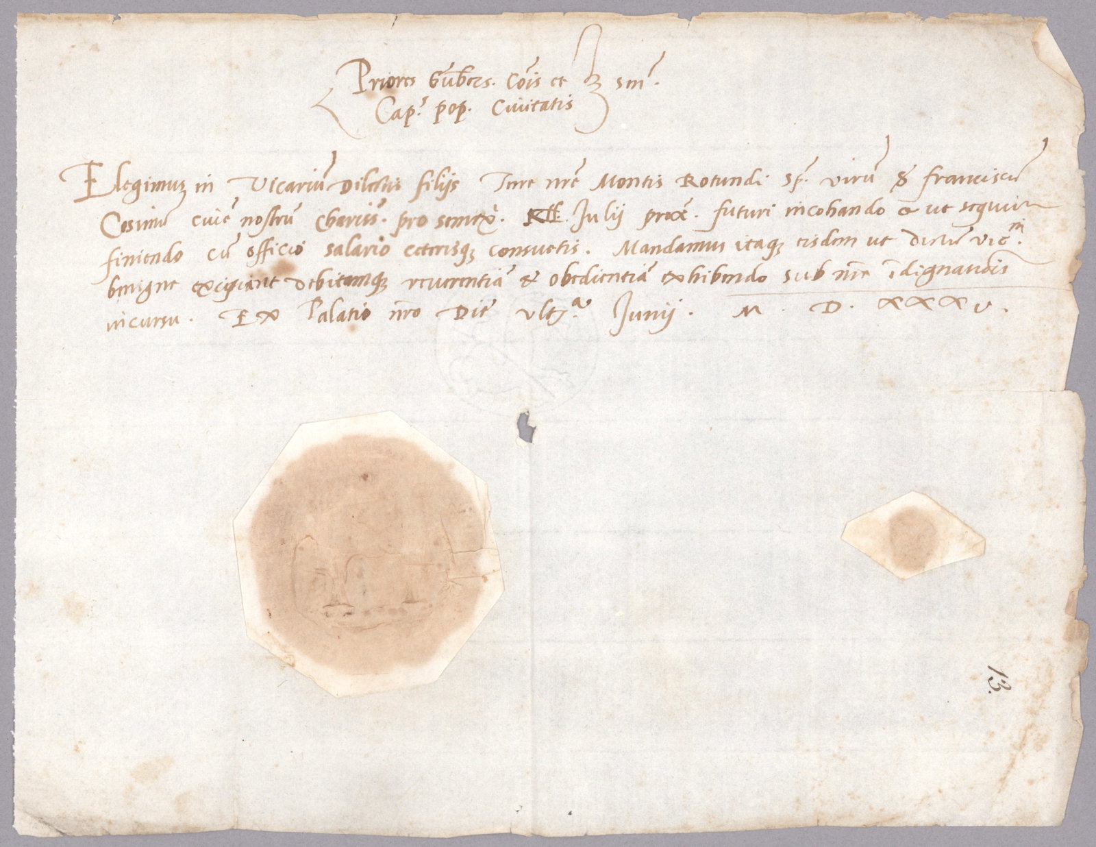 ROMAN 'CITY-STATE' DOCUMENT: Roman 'city-state' appointment document with very rare pair of intact wax and paper official seals, 1p. oblong 4to., 'From our Royal Palace', June 30, 1505, in Latin. The document appoints one