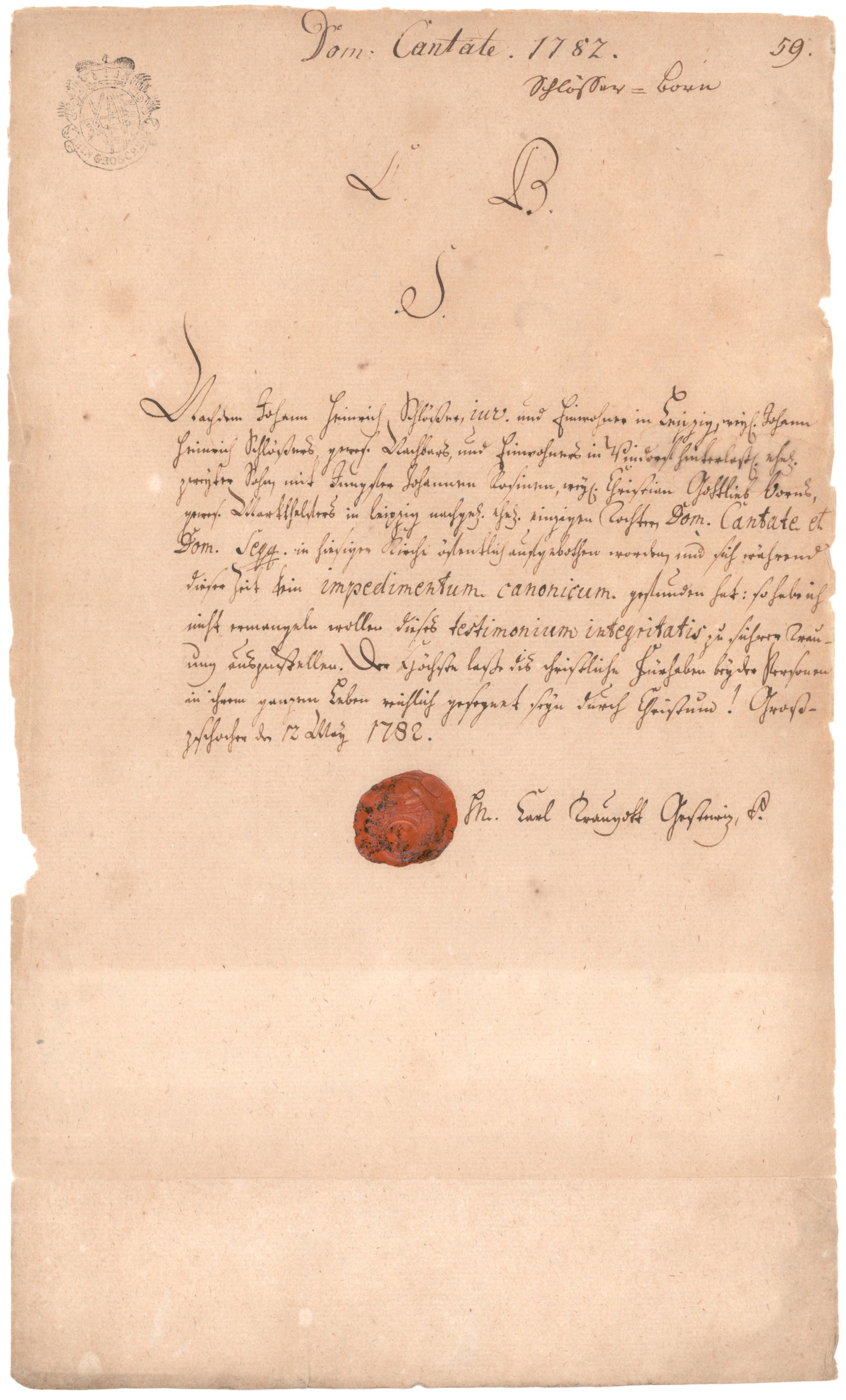 ORDINATION OF A GERMAN PRIEST IN 1782: A manuscript D.S. 1p. legal folio, Freiburg, March 17, 1782, in Latin and attesting to the ‘…upright and honorable morals’ of Christoph Gottlieb Gorrin, and his subsequent admission 