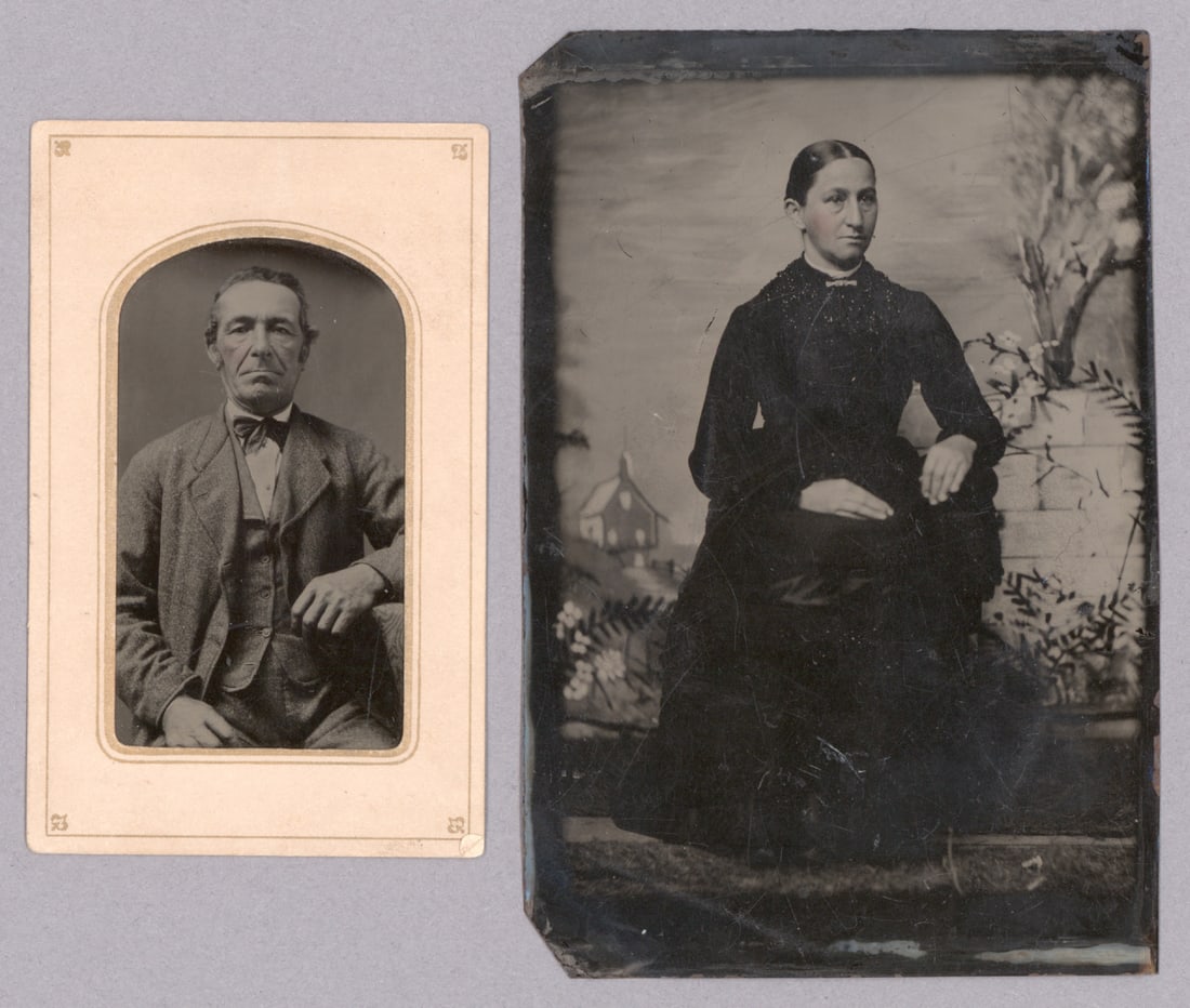 ELLEN AND ‘OLD JIMMY’ CLEGG PHOTOGRAPHS: A rare pair of photographs from the nineteenth century pickpocketing team: a tinted tintype of Ellen Clegg 3.5 in. 5 in., showing her in a seated pose against a backdrop of field and farm. Top and